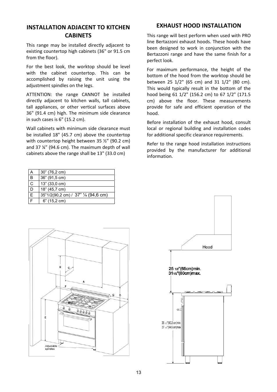 Installation adjacent to kitchen cabinets, Exhaust hood installation | Bertazzoni X304PIRVE User Manual | Page 13 / 48