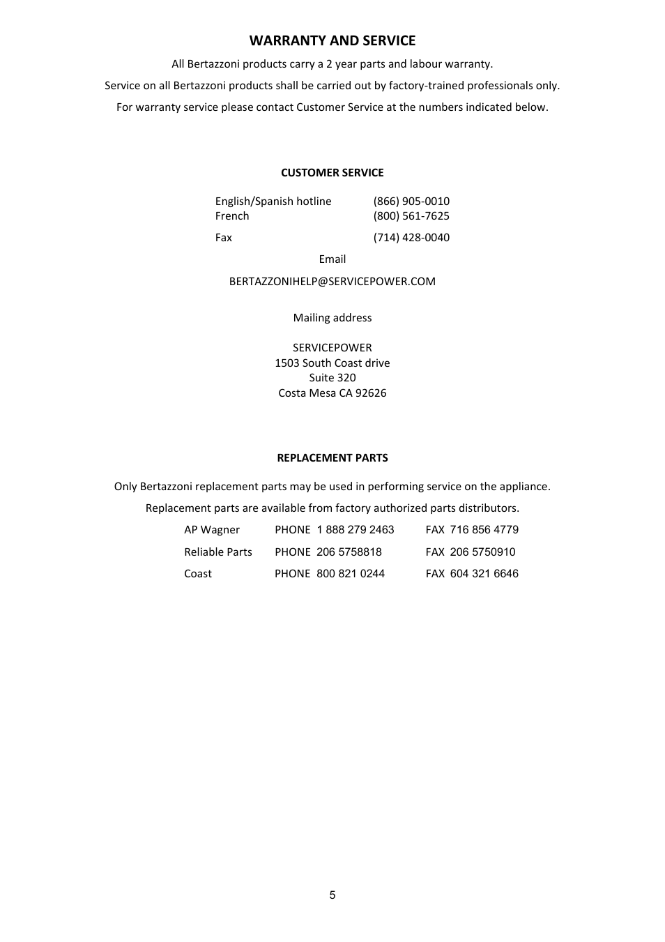 Warranty and service | Bertazzoni X304PIRVE User Manual | Page 5 / 48