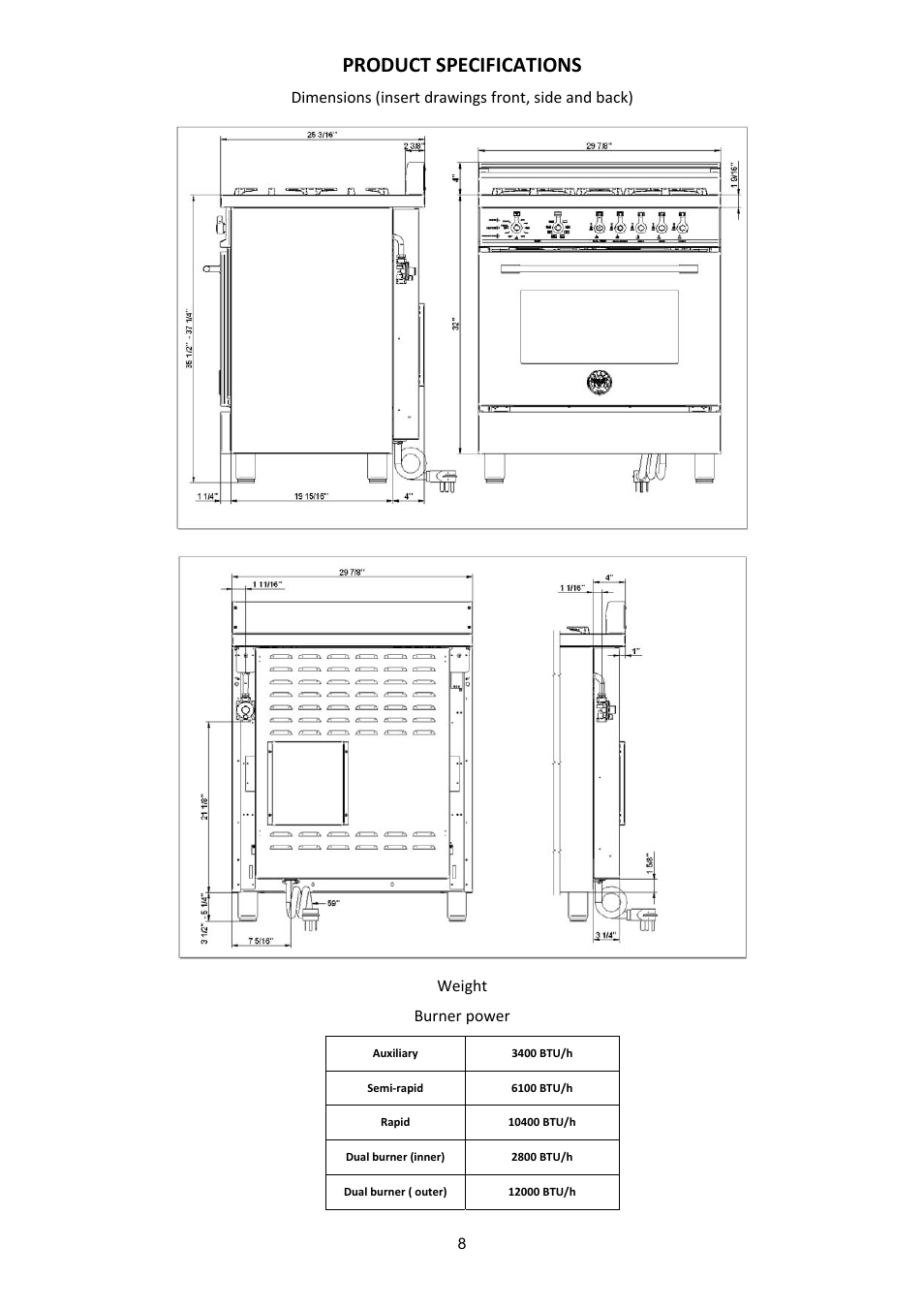 Product specifications | Bertazzoni X304PIRVE User Manual | Page 8 / 48