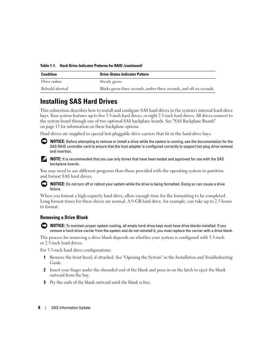Installing sas hard drives, Removing a drive blank | Dell PowerEdge 6850 User Manual | Page 10 / 178