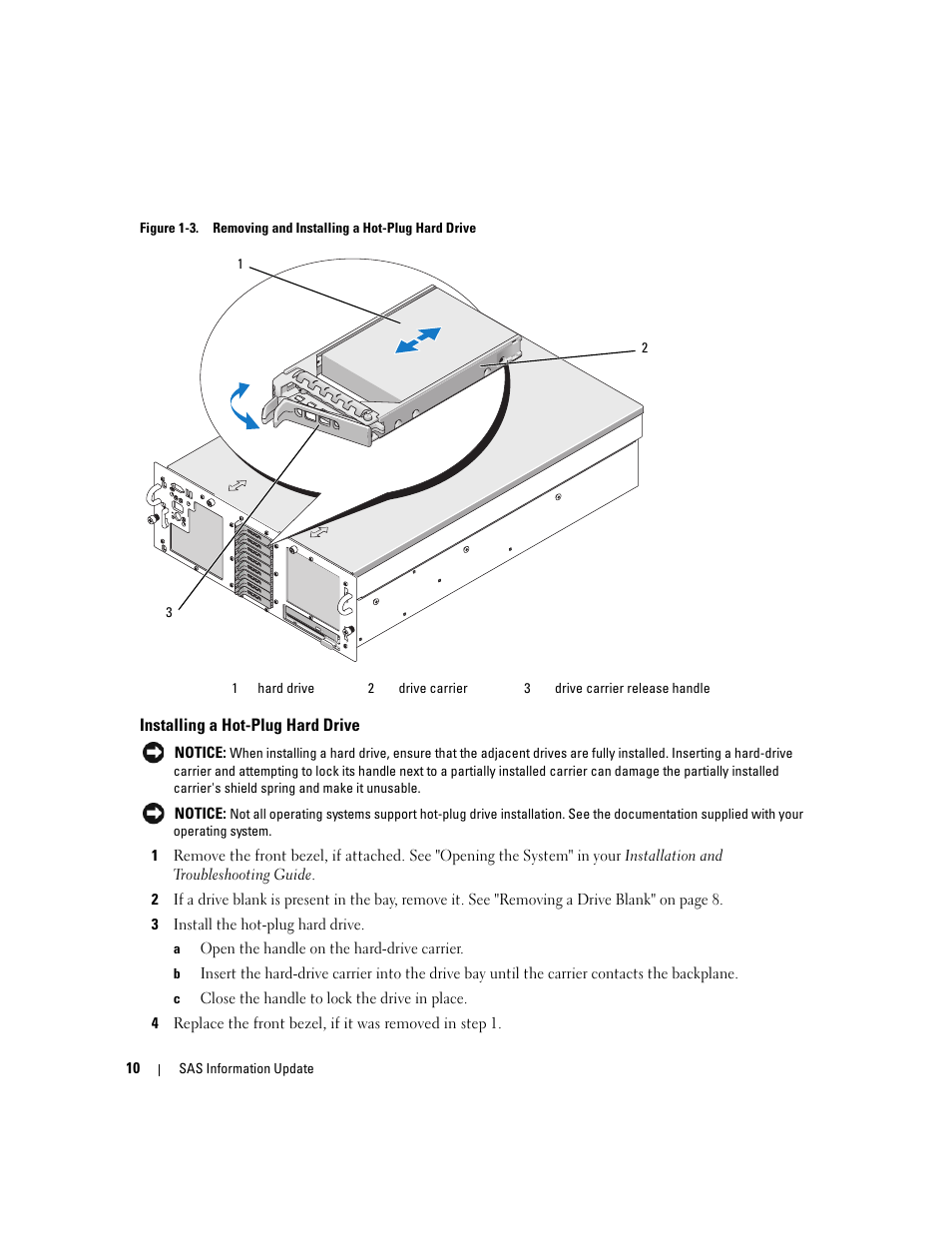 Installing a hot-plug hard drive, Lease the blank. see figure 1-3, Step 1 | Figure 1-3 | Dell PowerEdge 6850 User Manual | Page 12 / 178