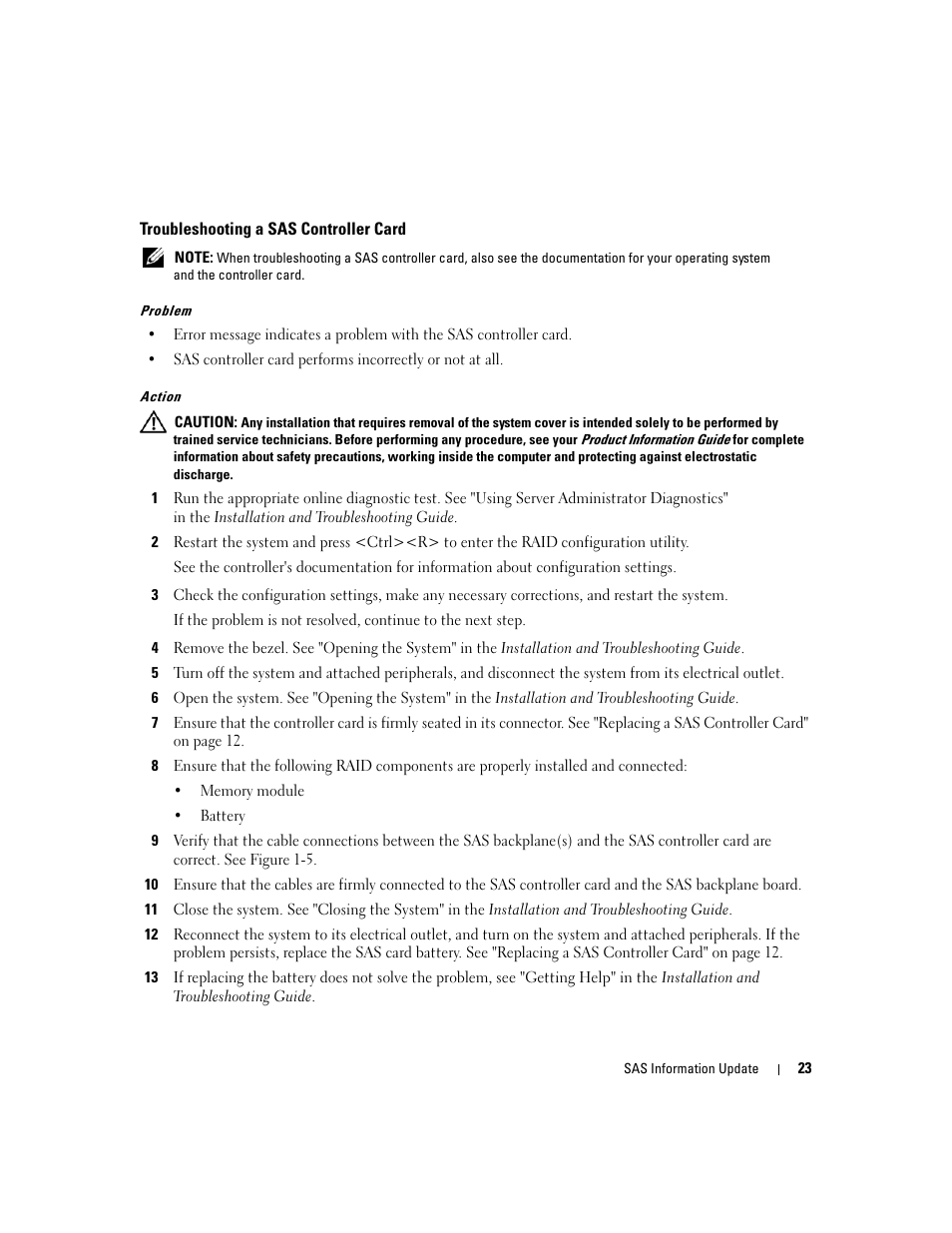 Troubleshooting a sas controller card | Dell PowerEdge 6850 User Manual | Page 25 / 178