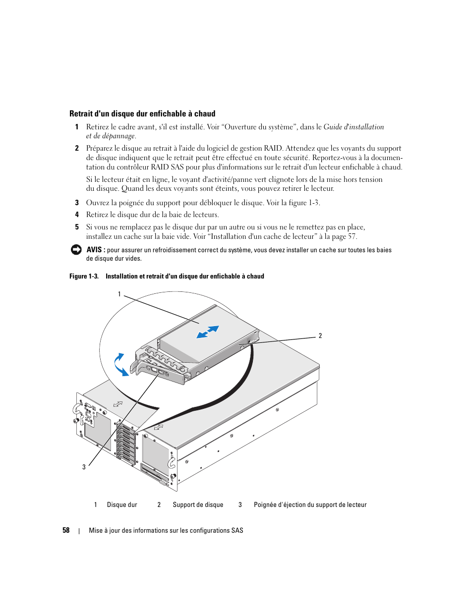 Retrait d'un disque dur enfichable à chaud | Dell PowerEdge 6850 User Manual | Page 60 / 178