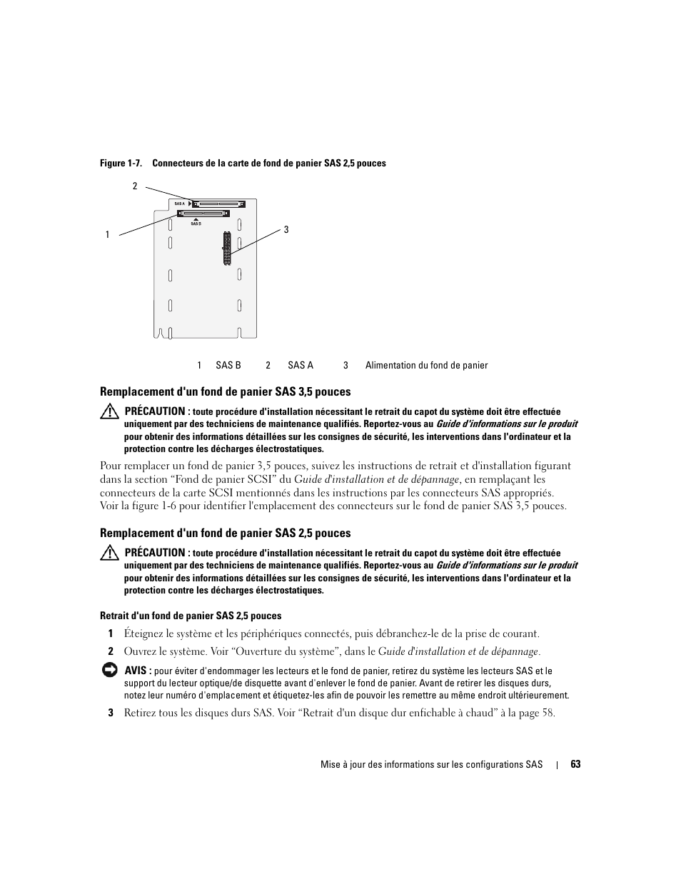 Remplacement d'un fond de panier sas 3,5 pouces, Remplacement d'un fond de panier sas 2,5 pouces, Ouces (figure 1-7) est r | Dell PowerEdge 6850 User Manual | Page 65 / 178