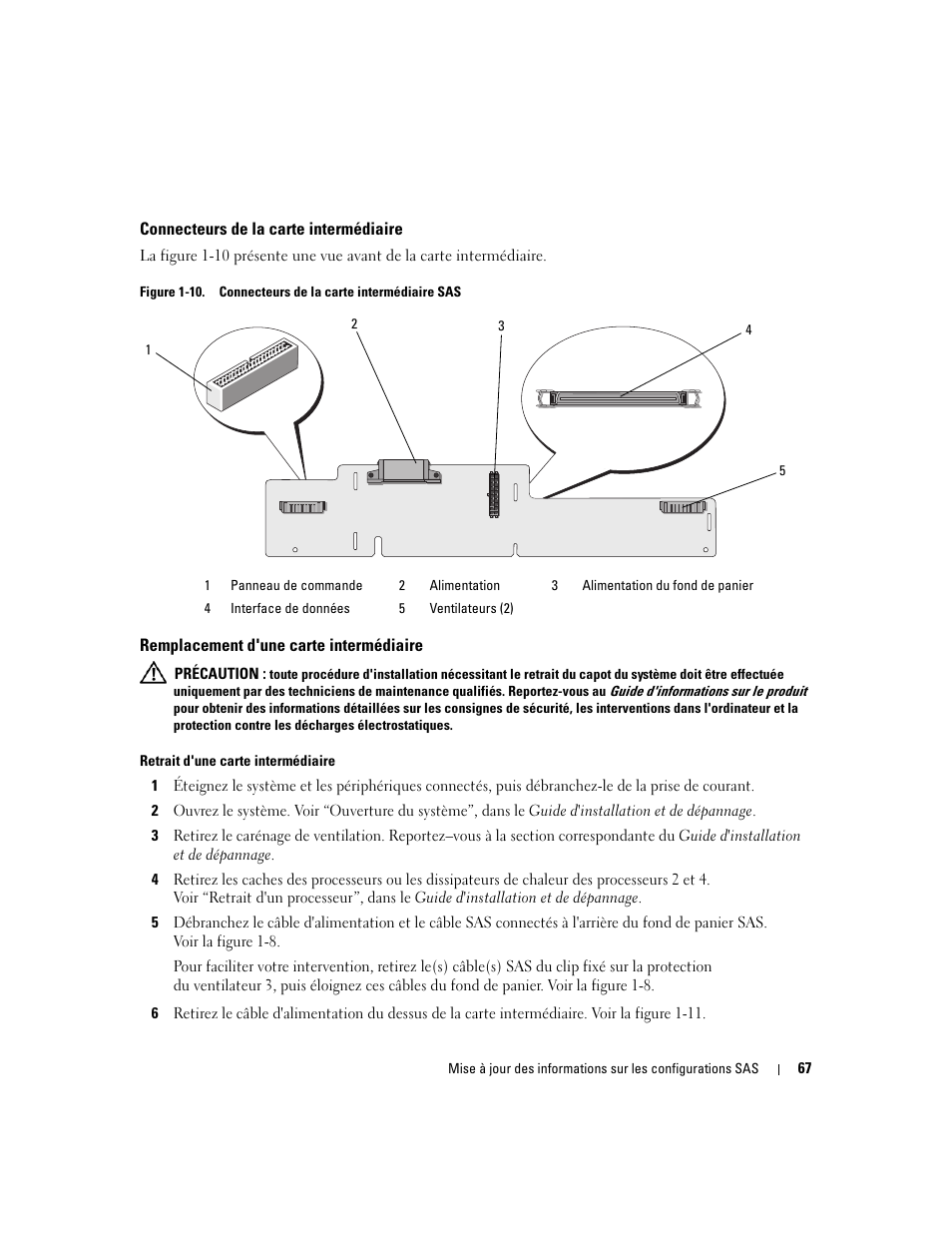 Connecteurs de la carte intermédiaire, Remplacement d'une carte intermédiaire, Sas (figure 1-10) | Dell PowerEdge 6850 User Manual | Page 69 / 178