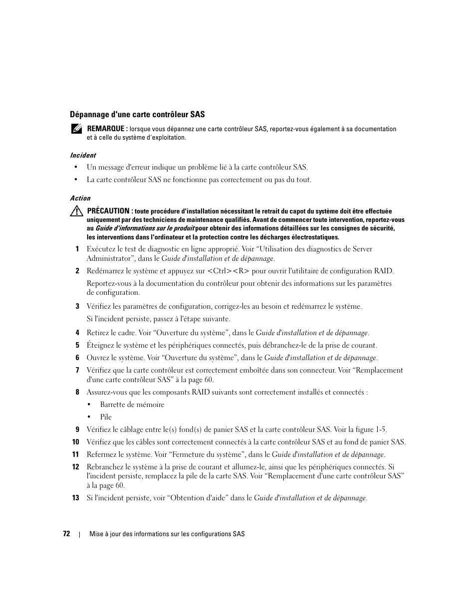 Dépannage d'une carte contrôleur sas | Dell PowerEdge 6850 User Manual | Page 74 / 178