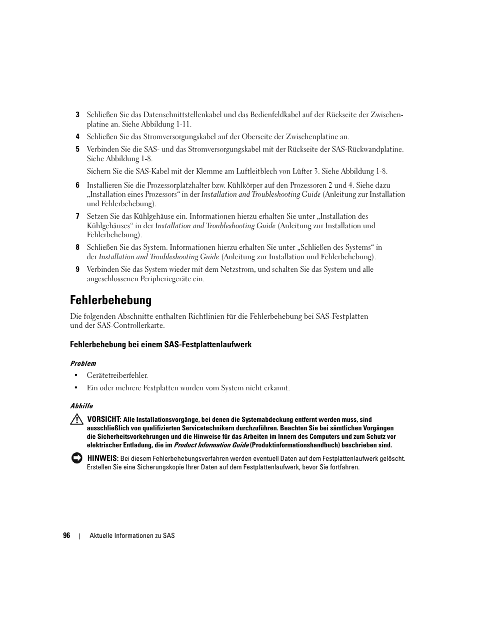 Fehlerbehebung, Fehlerbehebung bei einem sas-festplattenlaufwerk | Dell PowerEdge 6850 User Manual | Page 98 / 178