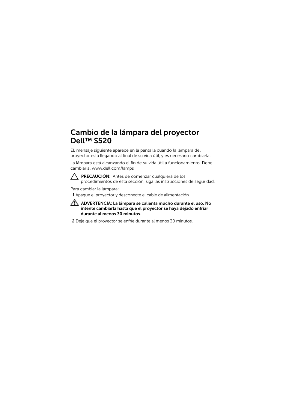 Cambio de la lámpara del proyector dell™ s520 | Dell S520 Projector User Manual | Page 15 / 42