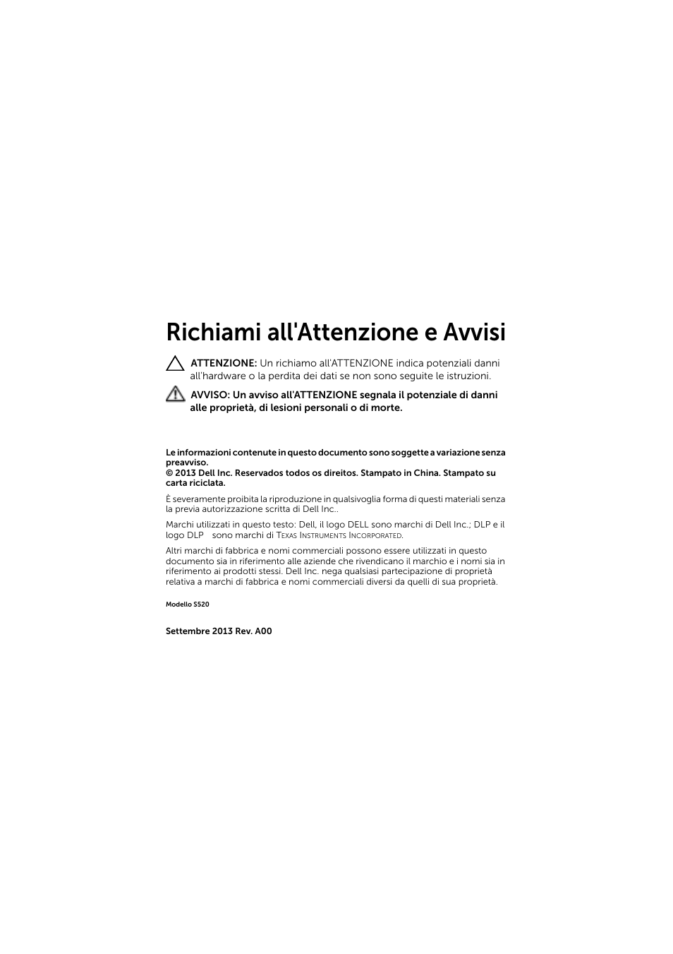 Richiami all'attenzione e avvisi | Dell S520 Projector User Manual | Page 18 / 42