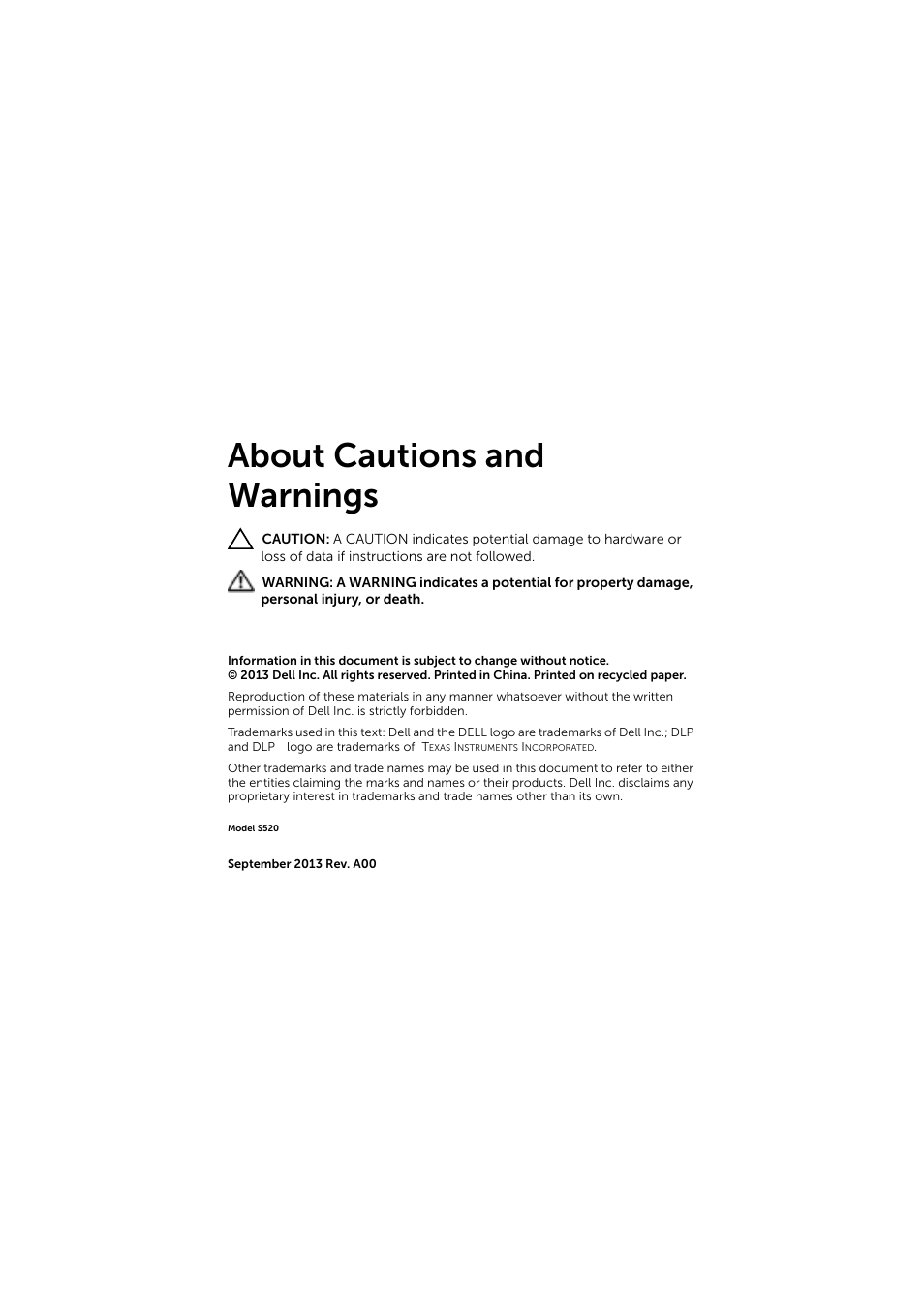 About cautions and warnings | Dell S520 Projector User Manual | Page 2 / 42