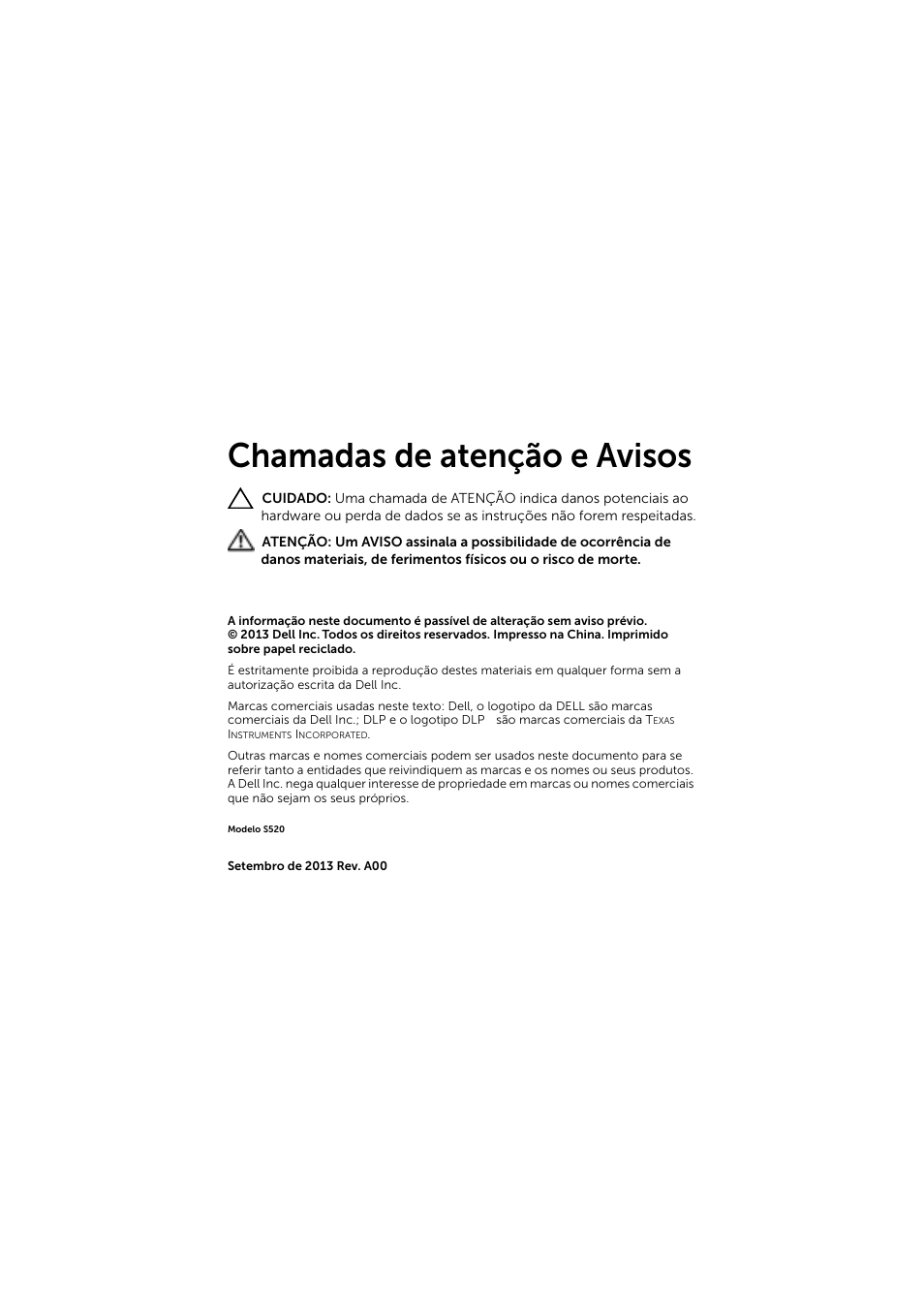 Chamadas de atenção e avisos | Dell S520 Projector User Manual | Page 22 / 42