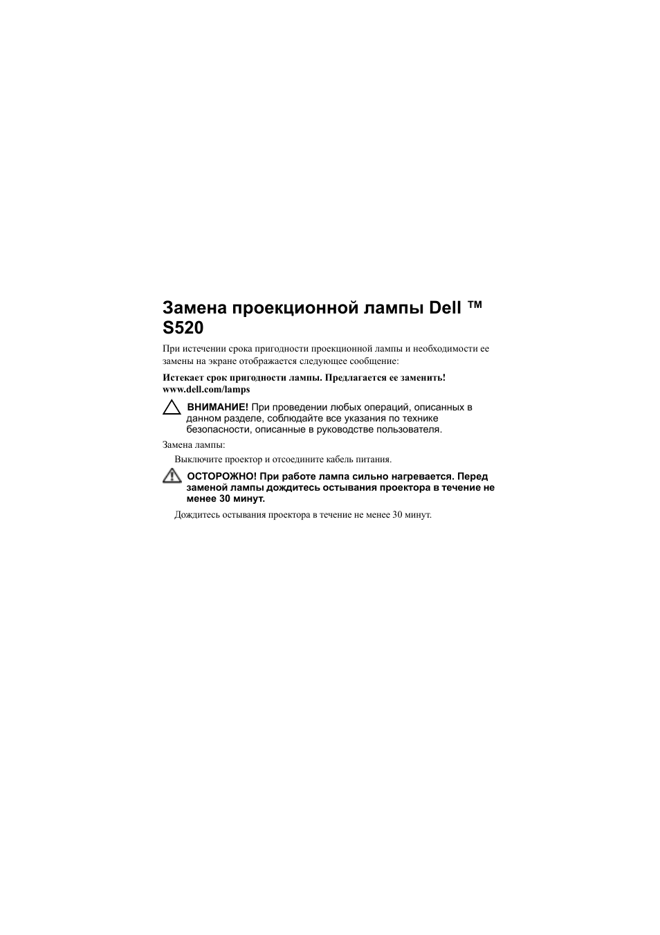 Замена проекционной лампы dell ™ s520 | Dell S520 Projector User Manual | Page 35 / 42