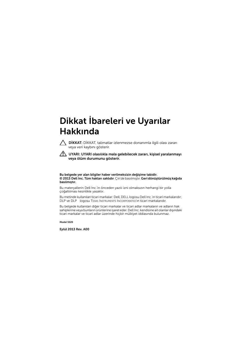 Dikkat ibareleri ve uyarılar hakkında | Dell S520 Projector User Manual | Page 38 / 42