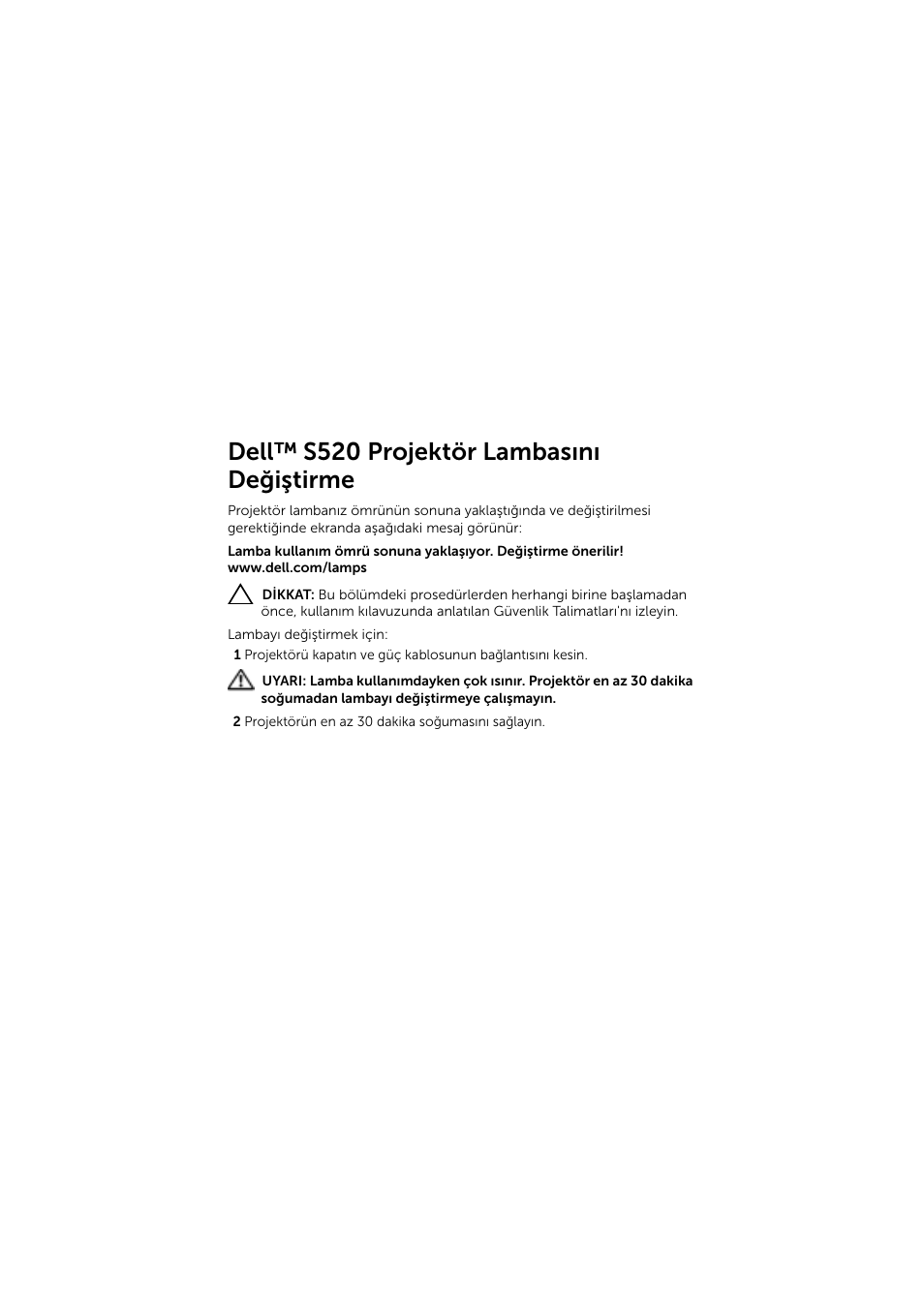 Dell™ s520 projektör lambasını değiştirme | Dell S520 Projector User Manual | Page 39 / 42