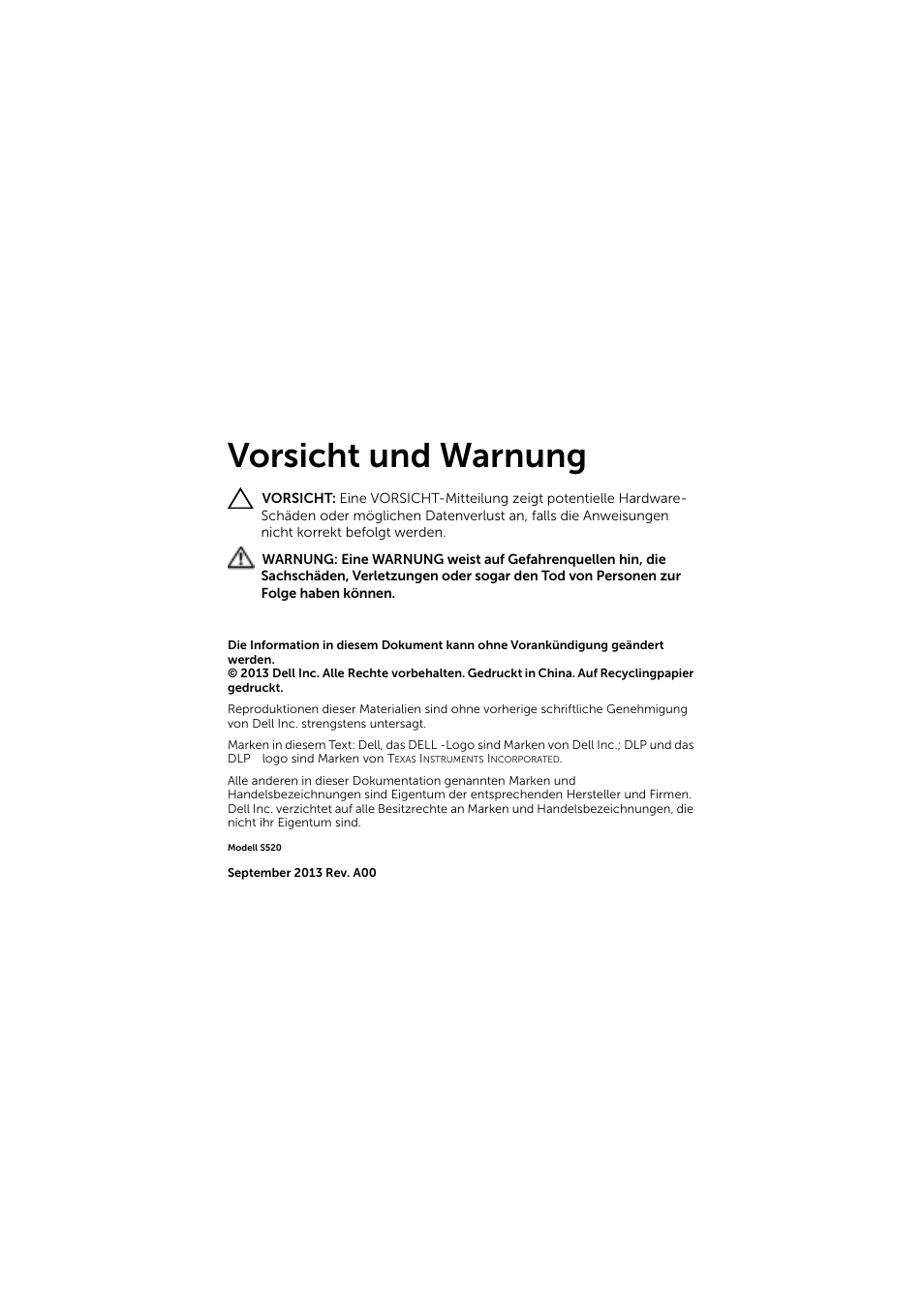 Vorsicht und warnung | Dell S520 Projector User Manual | Page 6 / 42