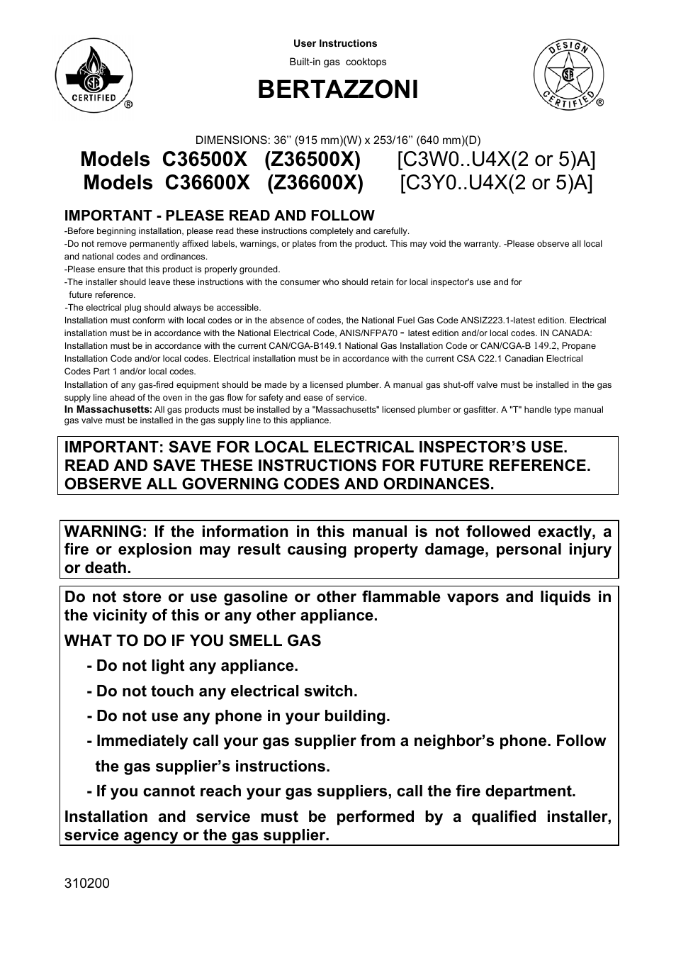 Bertazzoni C36500X (Z36500X) User Manual | 4 pages