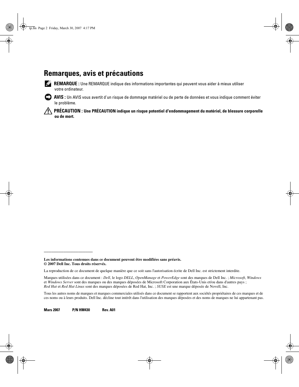 Remarques, avis et précautions | Dell PowerEdge SC1435 User Manual | Page 18 / 54