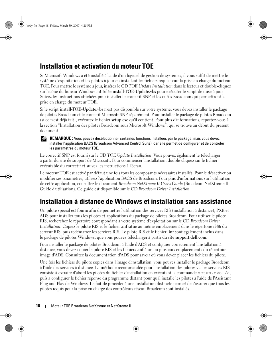 Installation et activation du moteur toe | Dell PowerEdge SC1435 User Manual | Page 20 / 54