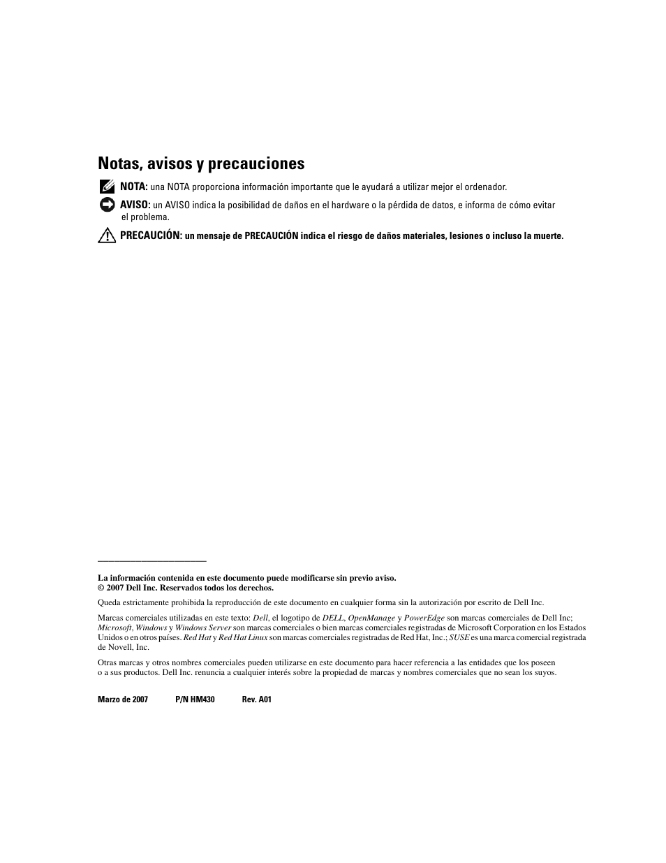 Notas, avisos y precauciones | Dell PowerEdge SC1435 User Manual | Page 48 / 54