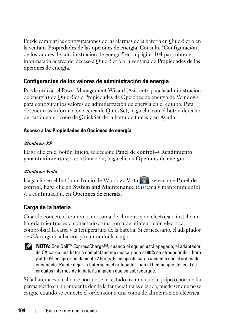 Carga de la batería, Configuración de los valores de administración, De energía | Dell Latitude D430 (Mid 2007) User Manual | Page 104 / 116