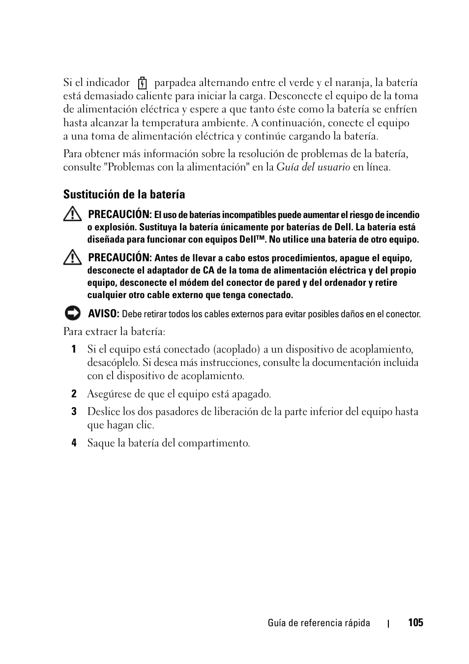 Sustitución de la batería | Dell Latitude D430 (Mid 2007) User Manual | Page 105 / 116