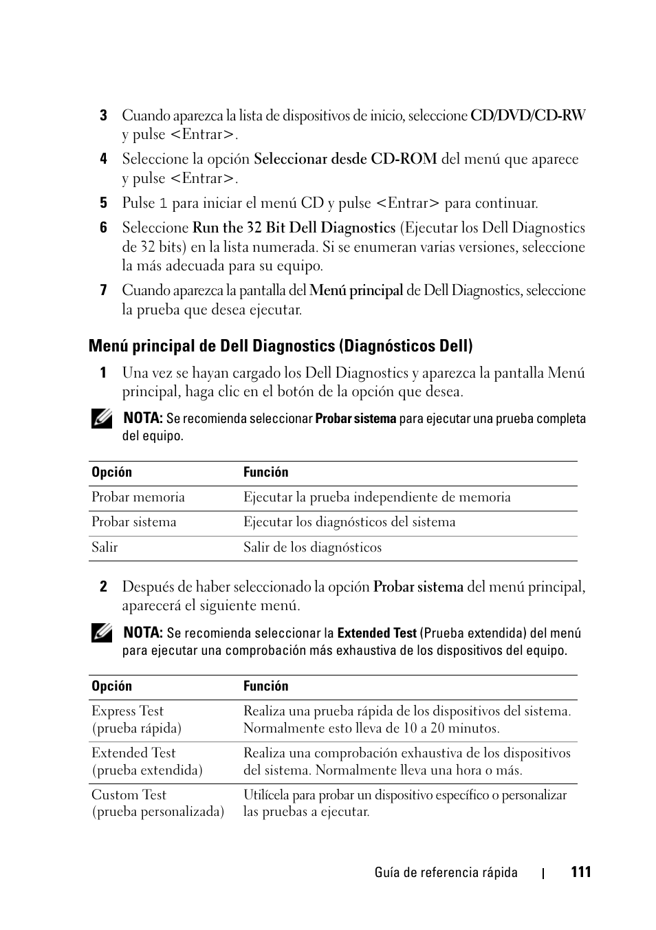 Menú principal de dell diagnostics, Diagnósticos dell) | Dell Latitude D430 (Mid 2007) User Manual | Page 111 / 116