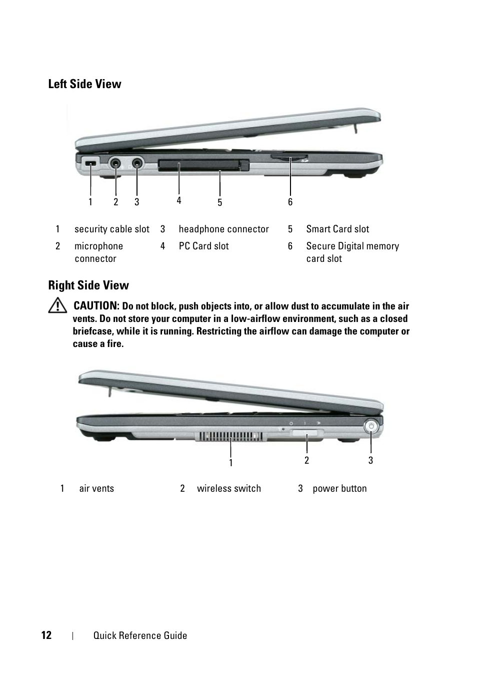 Left side view, Right side view, Left side view right side view | Dell Latitude D430 (Mid 2007) User Manual | Page 12 / 116