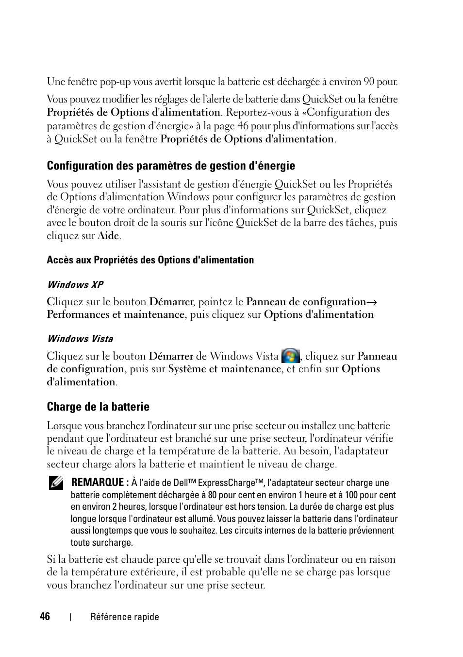 Configuration des paramètres de gestion d'énergie, Charge de la batterie, Configuration des paramètres de gestion | D'énergie | Dell Latitude D430 (Mid 2007) User Manual | Page 46 / 116