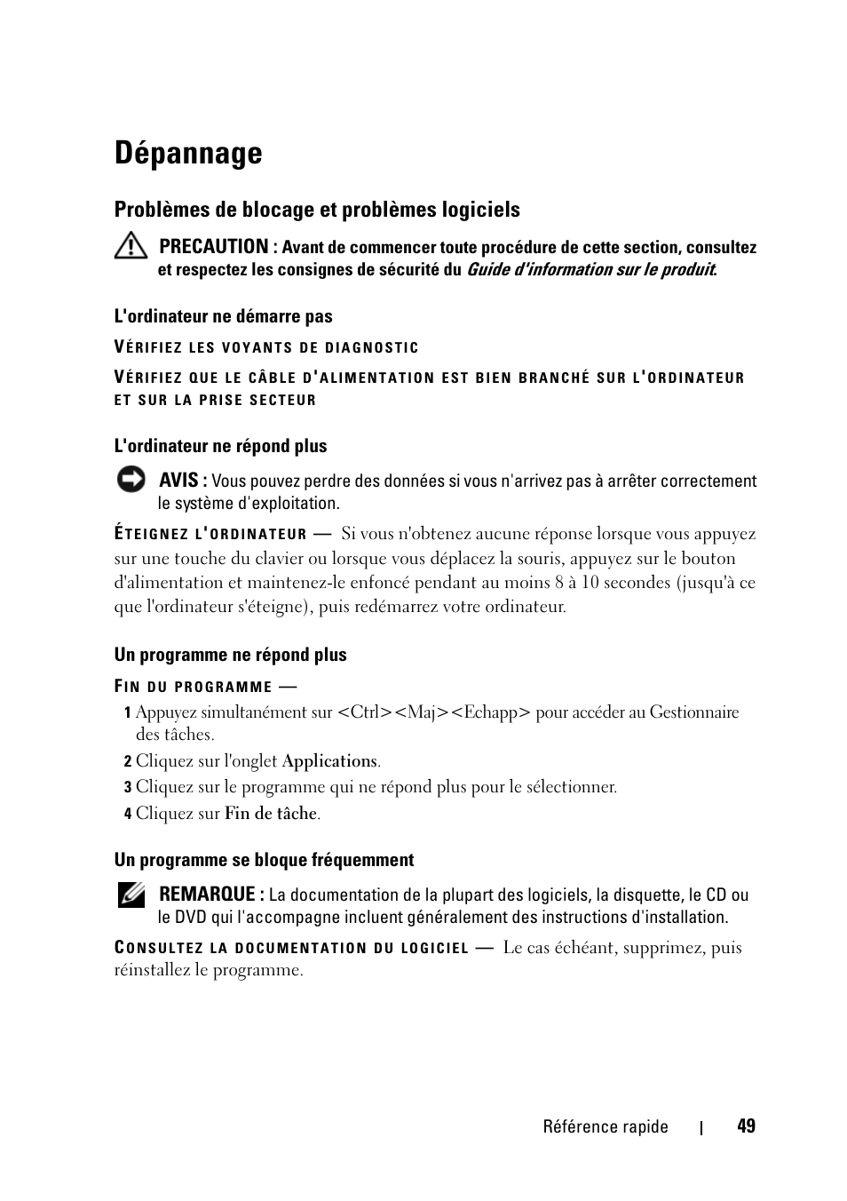 Dépannage, Problèmes de blocage et problèmes logiciels | Dell Latitude D430 (Mid 2007) User Manual | Page 49 / 116
