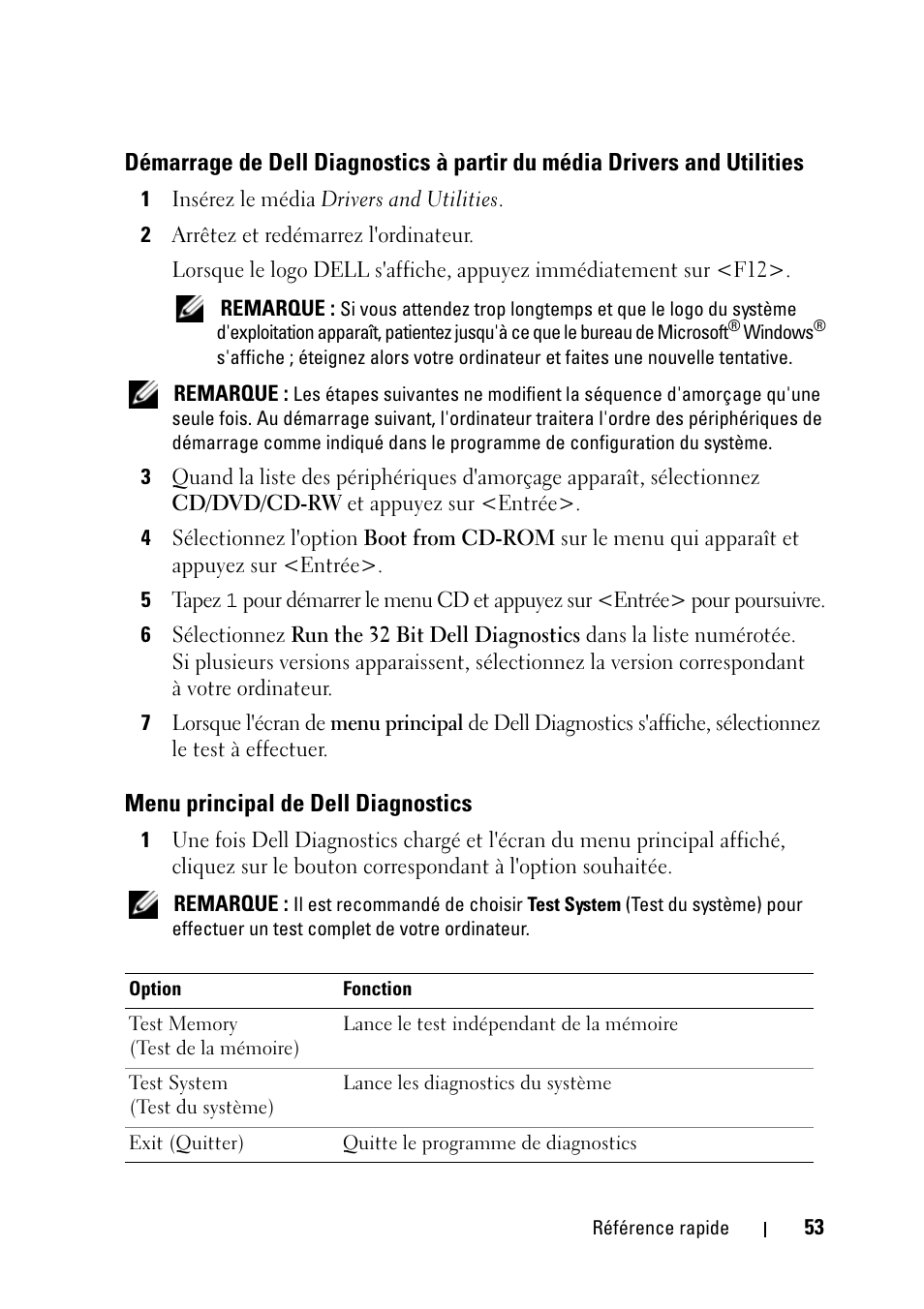 Menu principal de dell diagnostics, Démarrage de dell diagnostics à partir du, Média drivers and utilities | Dell Latitude D430 (Mid 2007) User Manual | Page 53 / 116