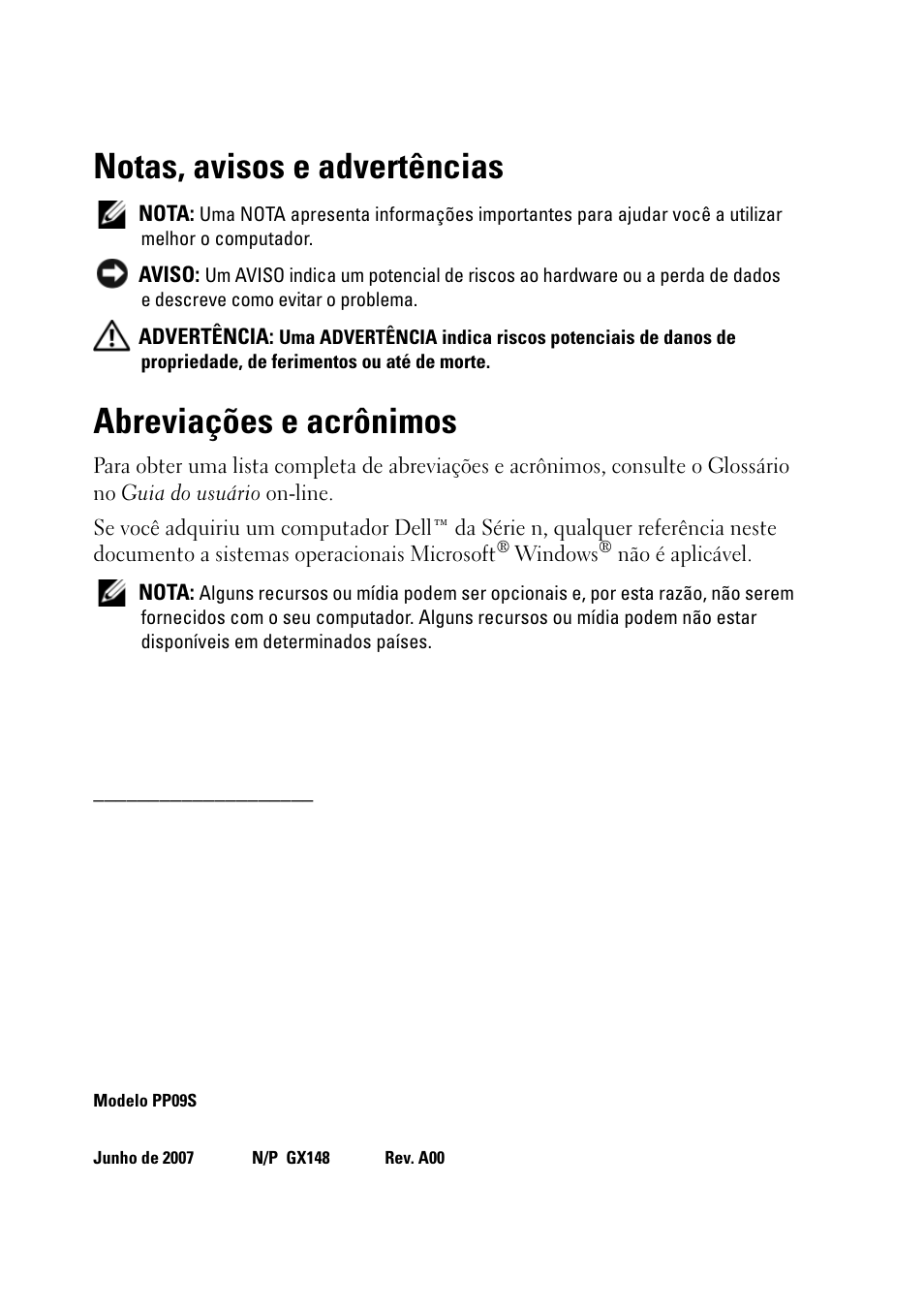 Notas, avisos e advertências, Abreviações e acrônimos | Dell Latitude D430 (Mid 2007) User Manual | Page 60 / 116