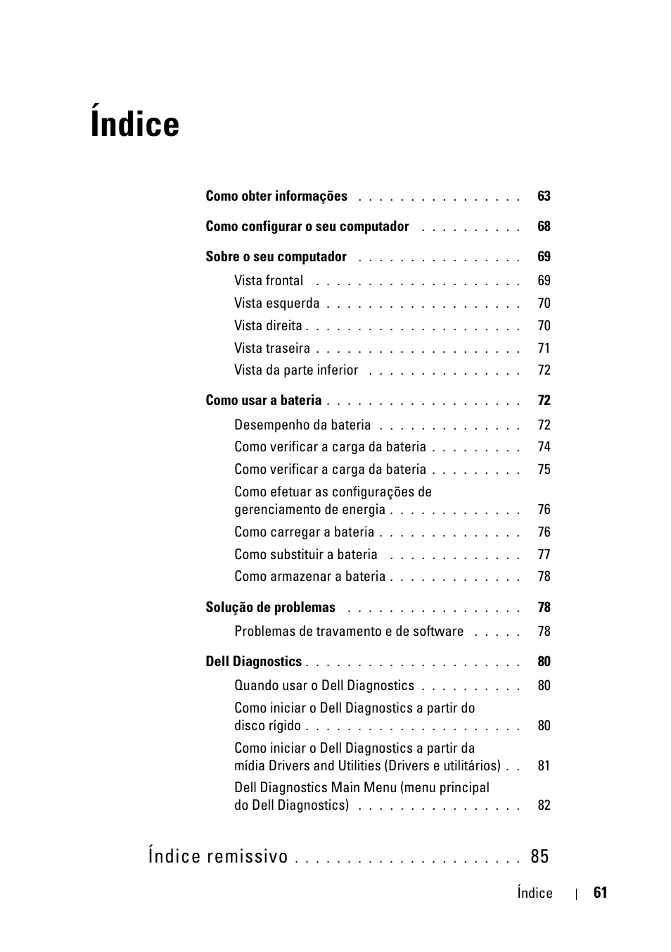 Índice, Índice remissivo | Dell Latitude D430 (Mid 2007) User Manual | Page 61 / 116
