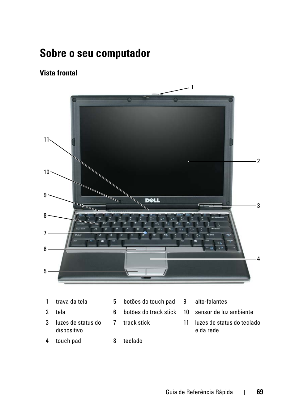 Sobre o seu computador, Vista frontal | Dell Latitude D430 (Mid 2007) User Manual | Page 69 / 116