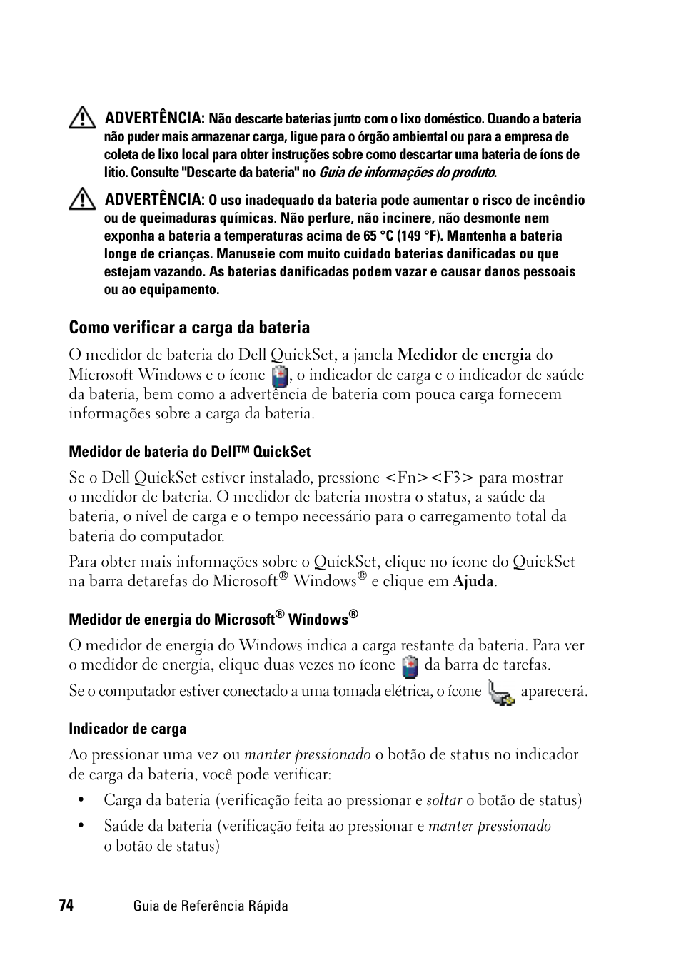 Como verificar a carga da bateria | Dell Latitude D430 (Mid 2007) User Manual | Page 74 / 116