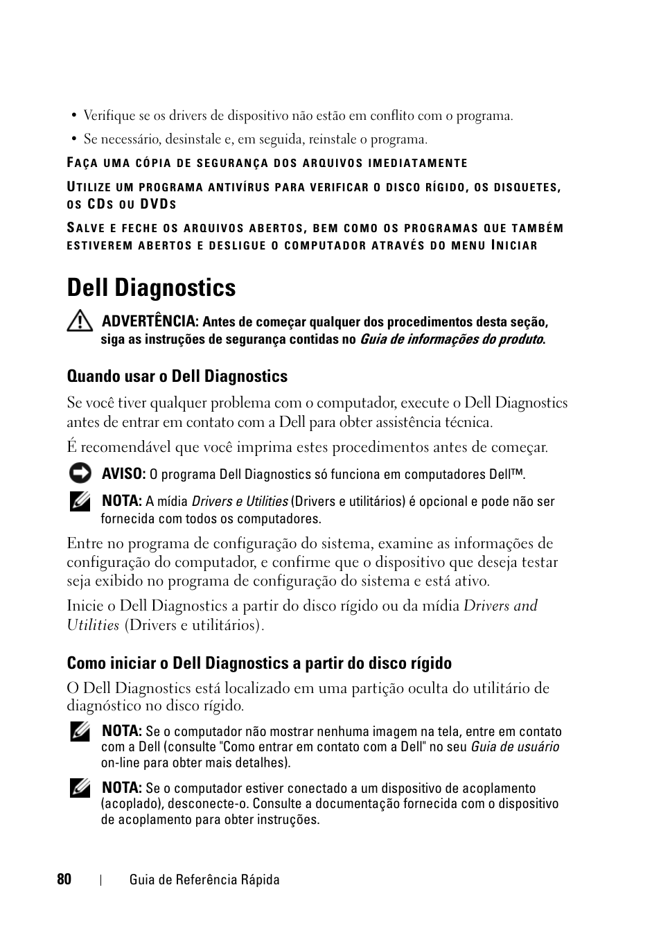 Dell diagnostics, Quando usar o dell diagnostics, Como iniciar o dell diagnostics a partir do | Disco rígido | Dell Latitude D430 (Mid 2007) User Manual | Page 80 / 116