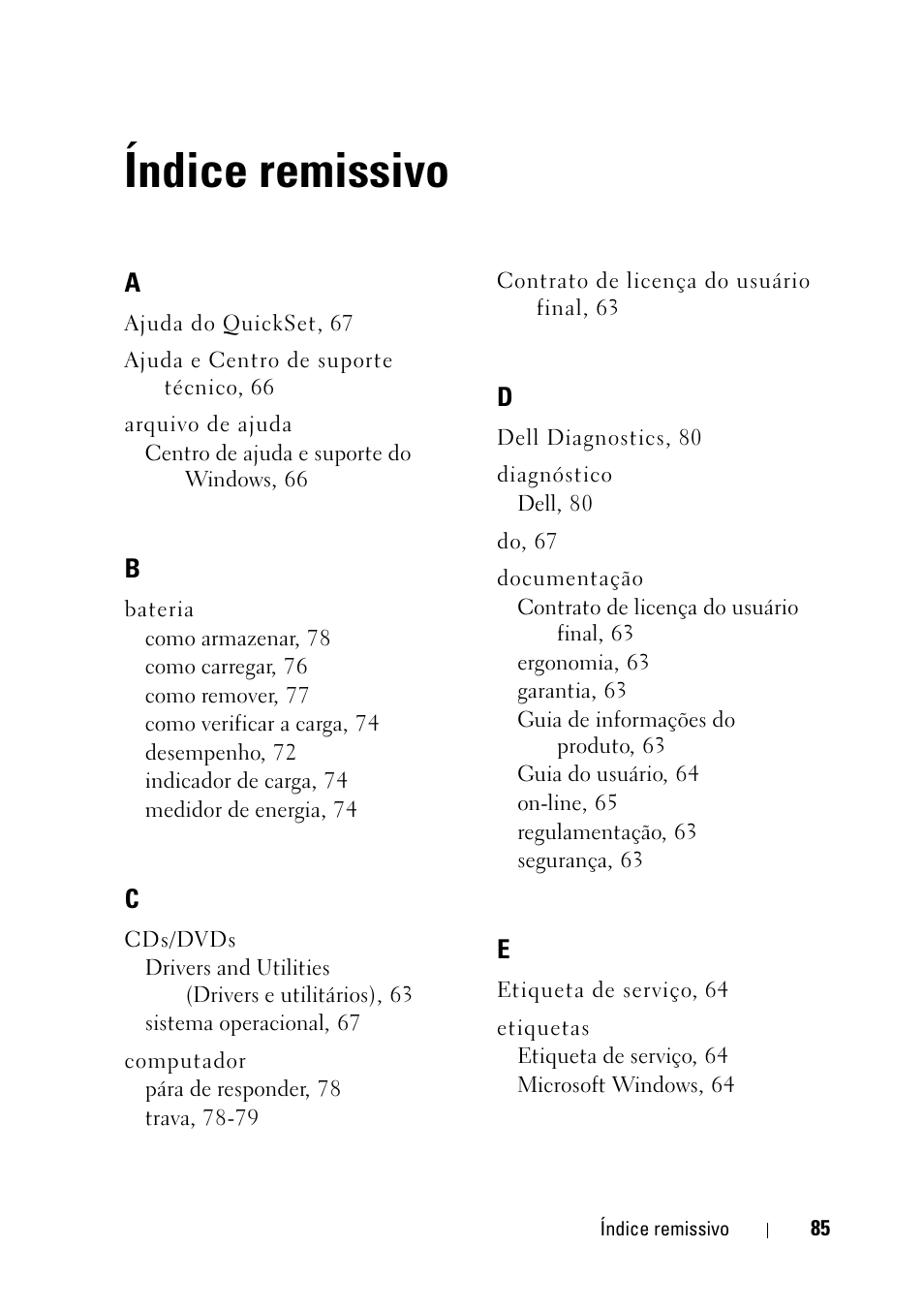 Índice remissivo | Dell Latitude D430 (Mid 2007) User Manual | Page 85 / 116