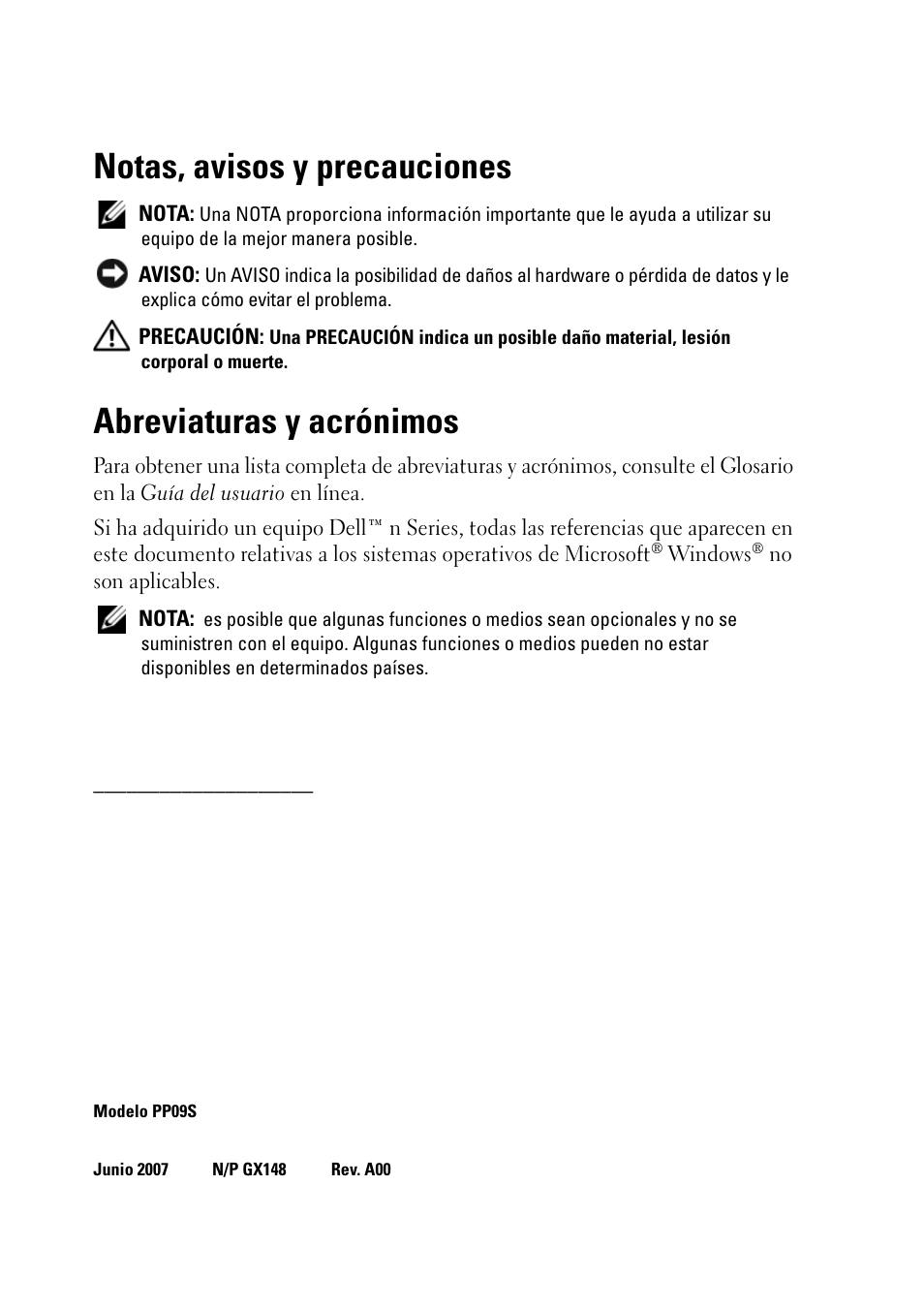 Notas, avisos y precauciones, Abreviaturas y acrónimos | Dell Latitude D430 (Mid 2007) User Manual | Page 88 / 116