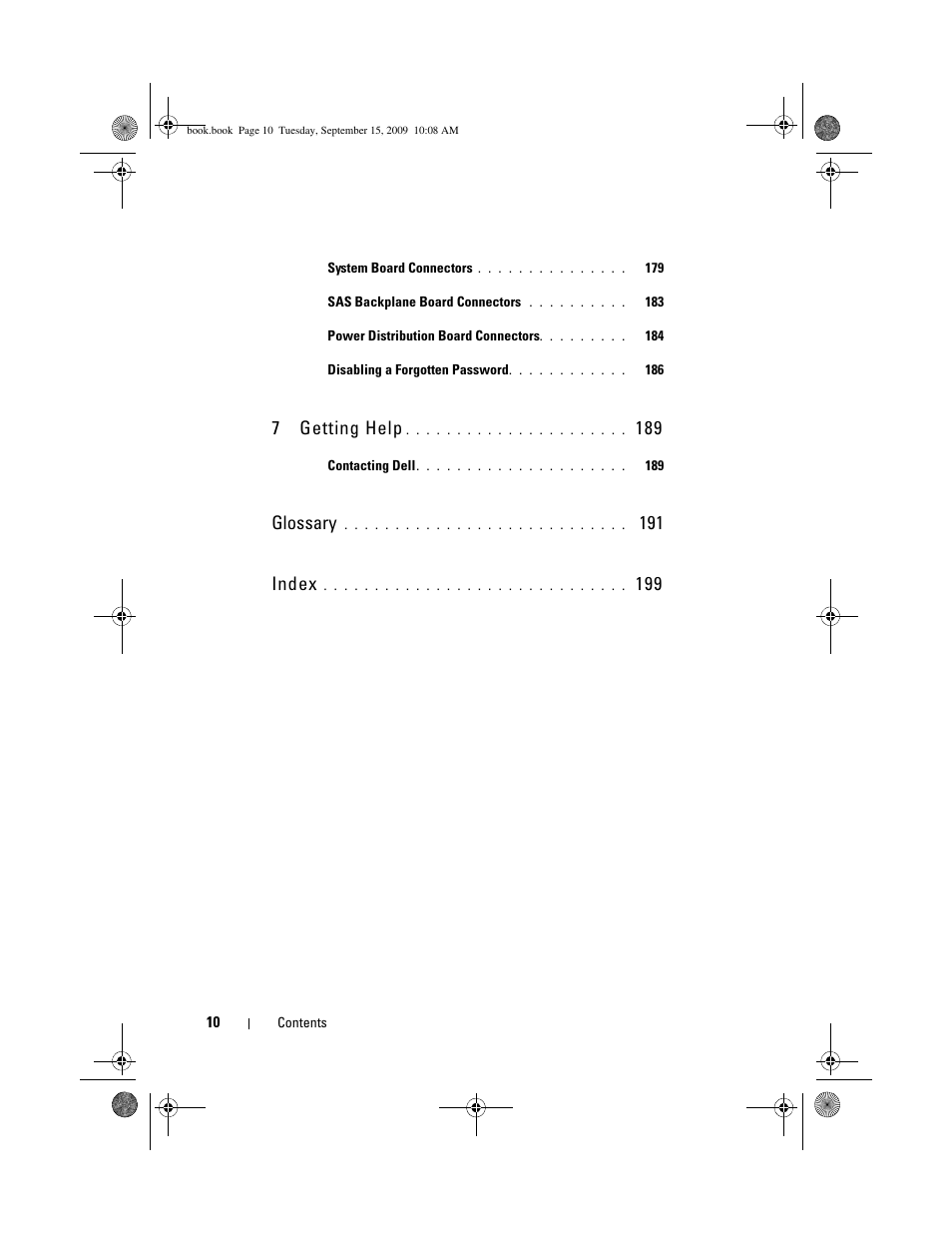 7getting help, Glossary, 191 index | Dell PowerEdge T610 User Manual | Page 10 / 206