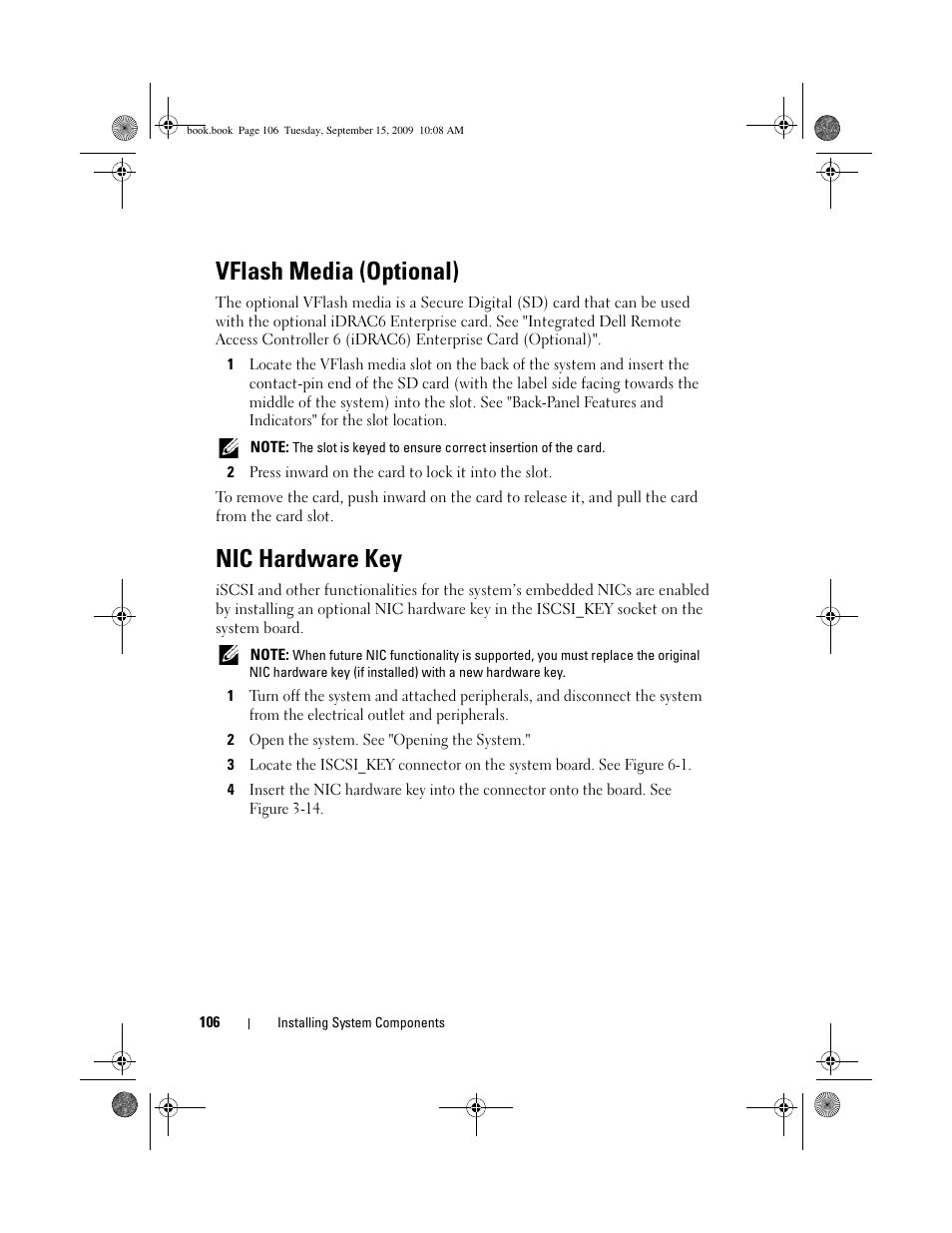 Vflash media (optional), Nic hardware key, D. see "vflash media (optional) | Dell PowerEdge T610 User Manual | Page 106 / 206