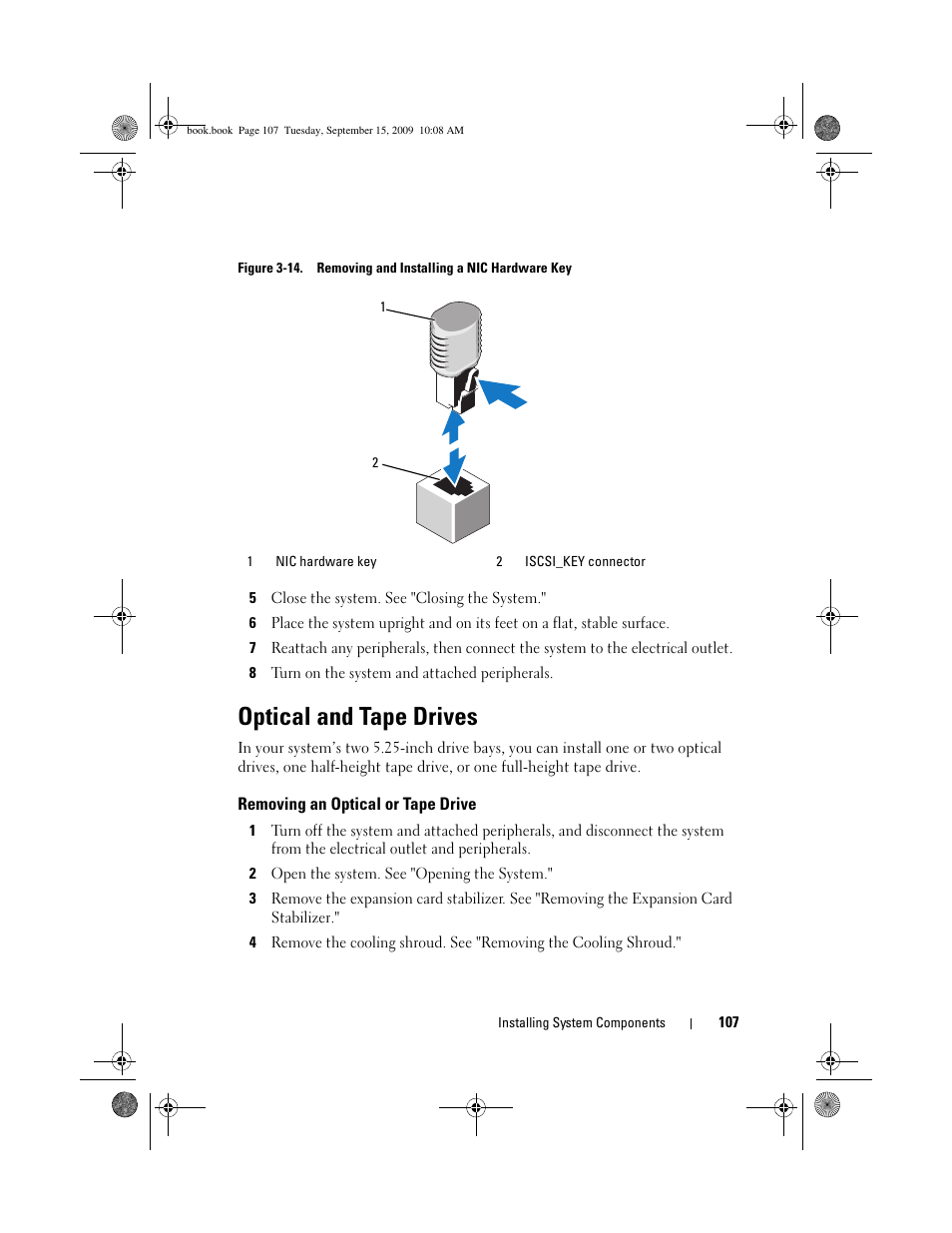 Optical and tape drives, Removing an optical or tape drive | Dell PowerEdge T610 User Manual | Page 107 / 206