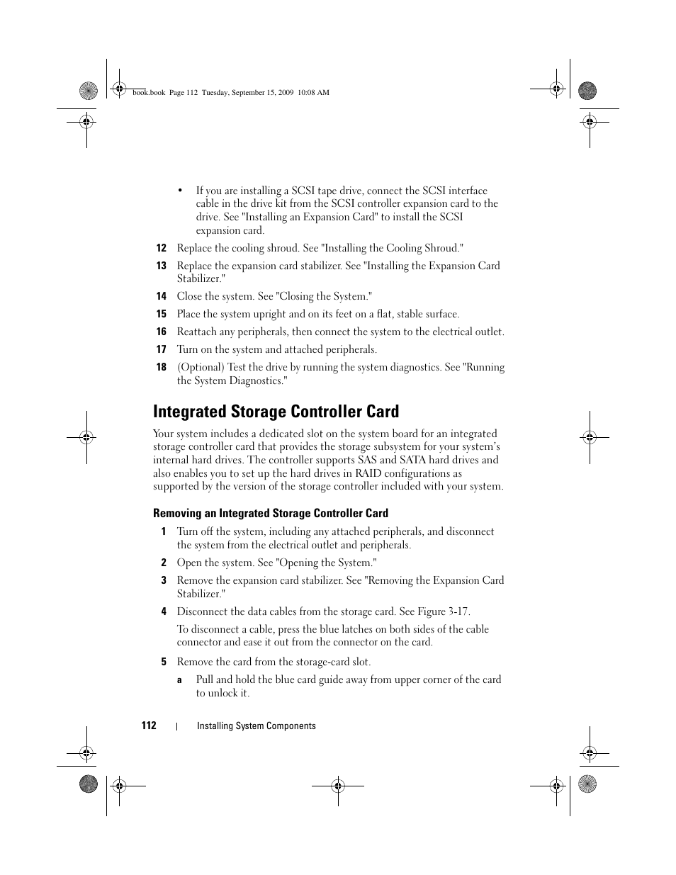 Integrated storage controller card, Removing an integrated storage controller card | Dell PowerEdge T610 User Manual | Page 112 / 206