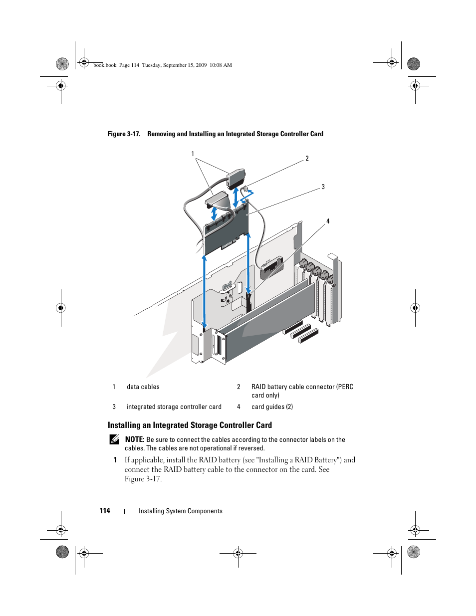 Installing an integrated storage controller card | Dell PowerEdge T610 User Manual | Page 114 / 206