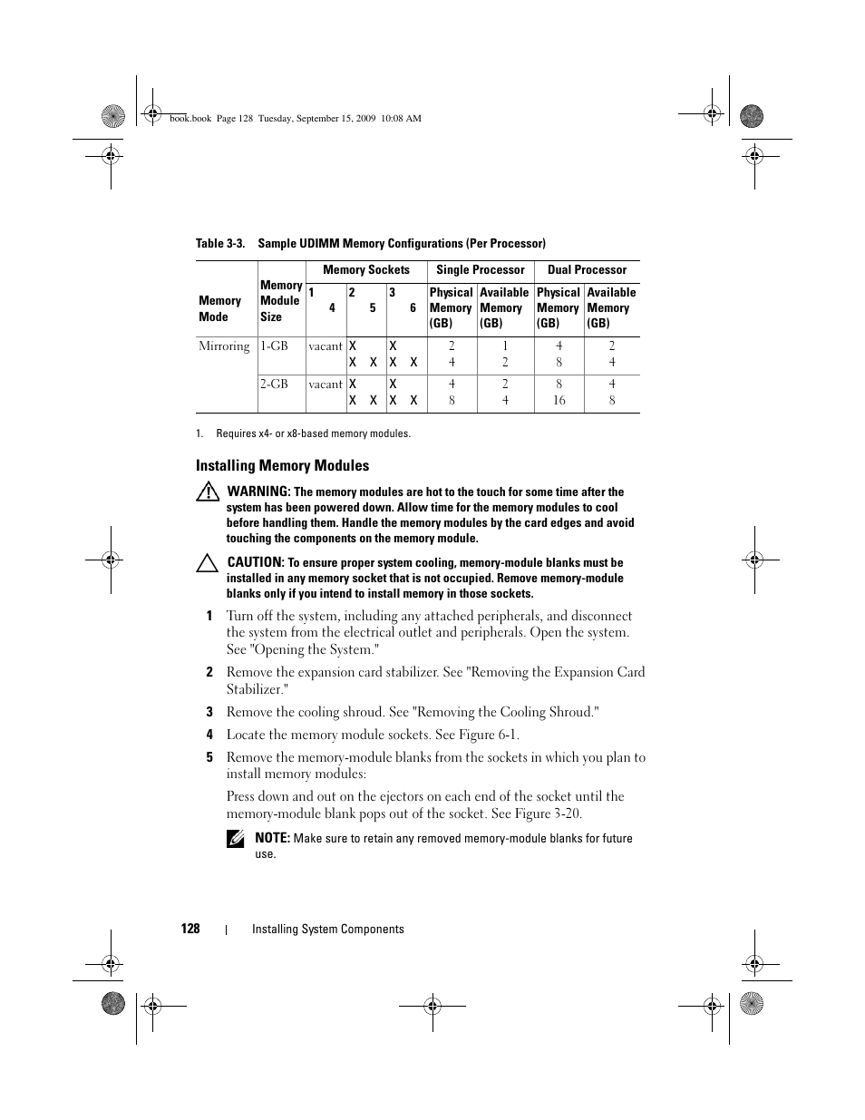 Installing memory modules, Installing memory modules" or | Dell PowerEdge T610 User Manual | Page 128 / 206