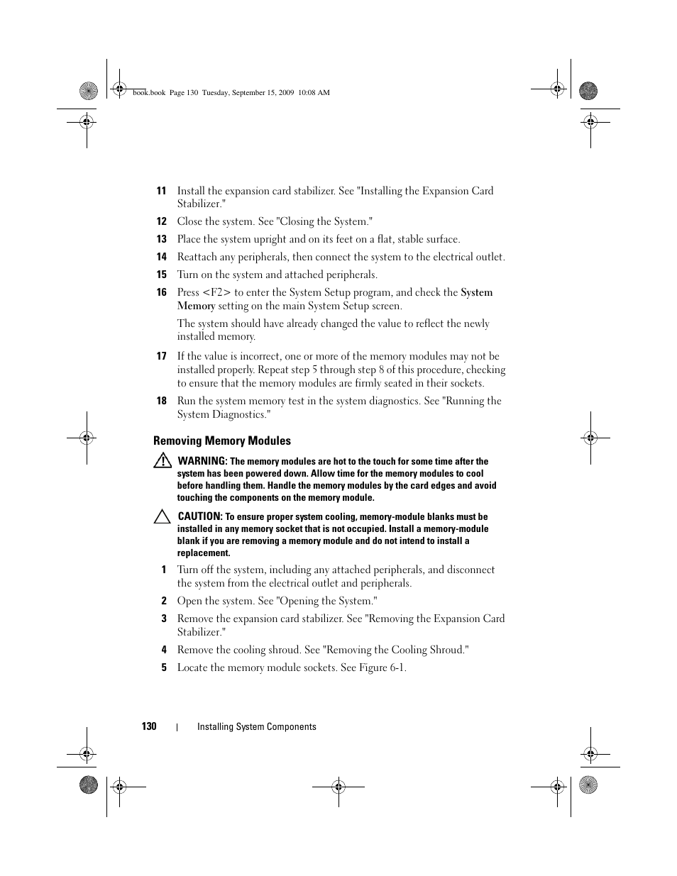 Removing memory modules | Dell PowerEdge T610 User Manual | Page 130 / 206