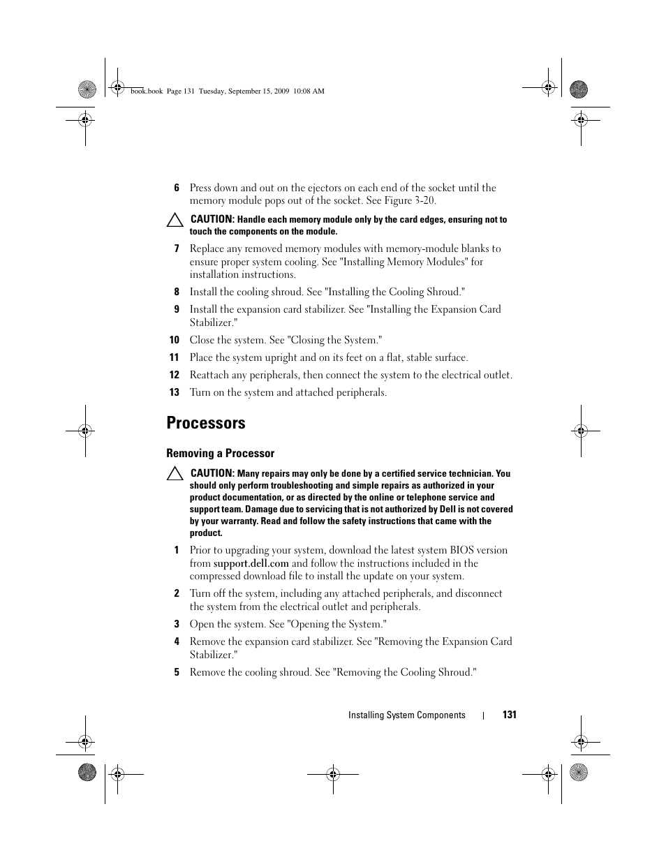 Processors, Removing a processor, See "processors | Dell PowerEdge T610 User Manual | Page 131 / 206