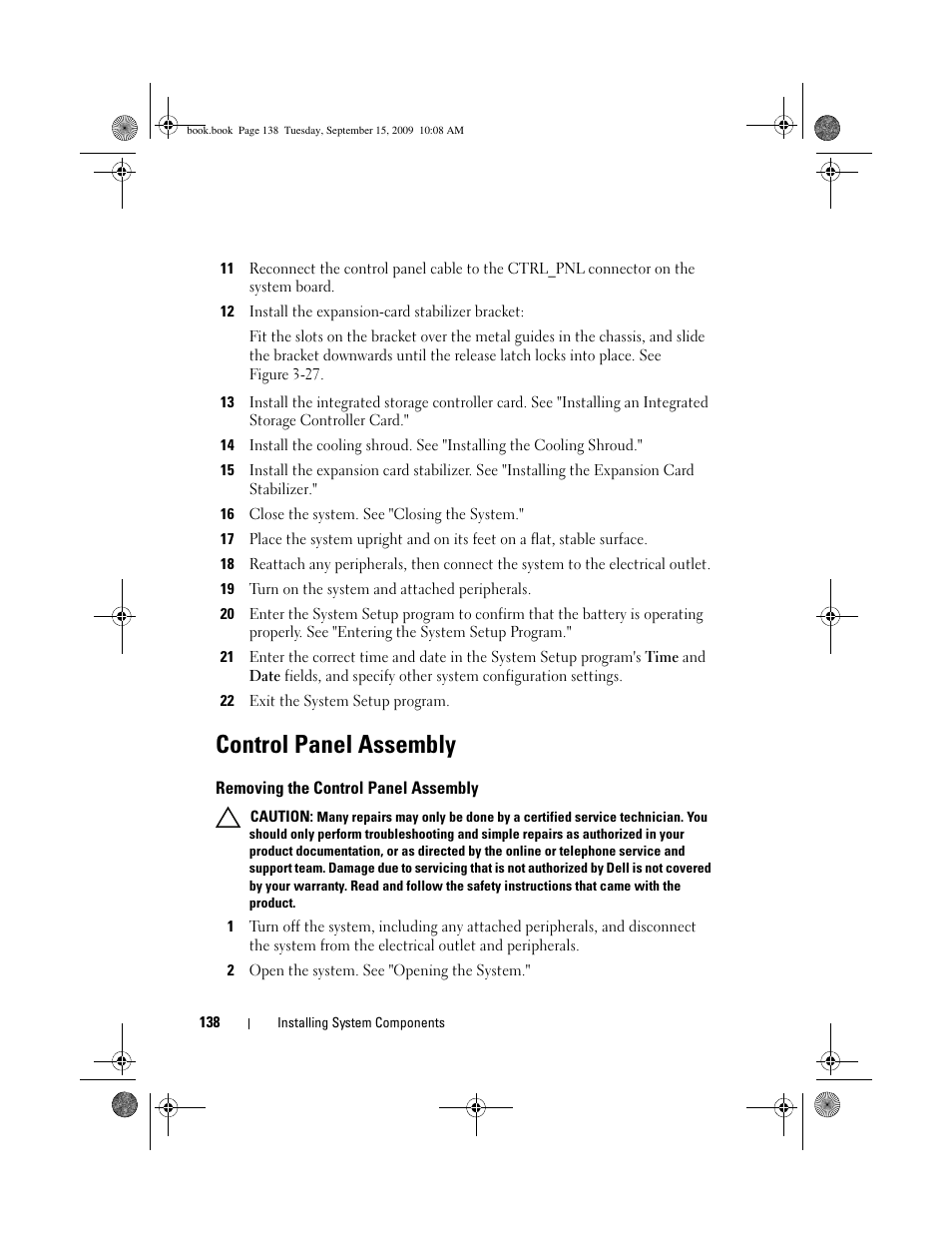 Control panel assembly, Removing the control panel assembly | Dell PowerEdge T610 User Manual | Page 138 / 206
