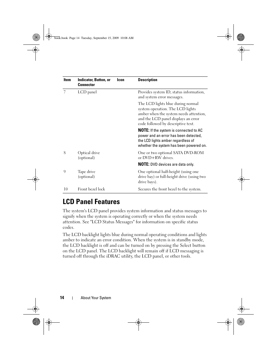 Lcd panel features | Dell PowerEdge T610 User Manual | Page 14 / 206