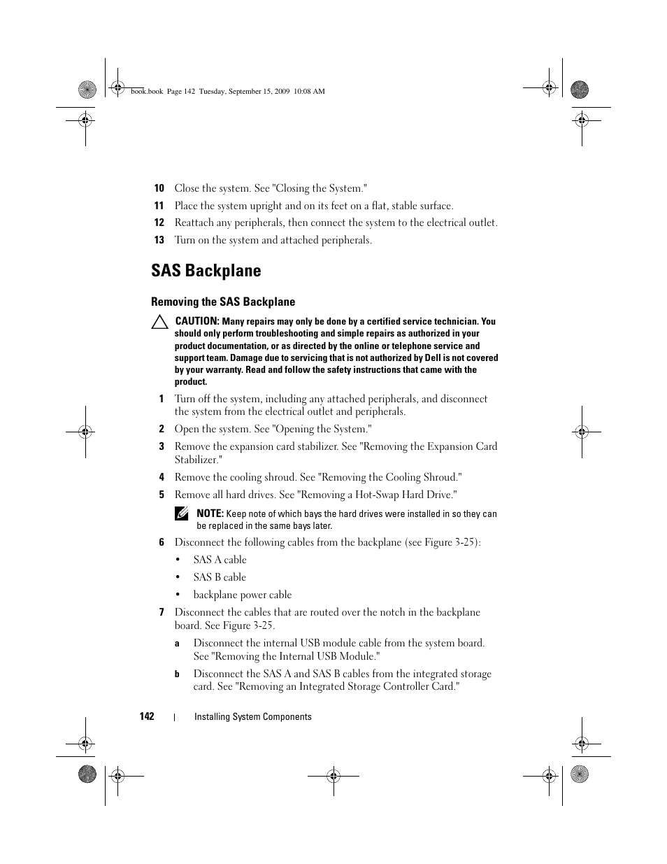 Sas backplane, Removing the sas backplane | Dell PowerEdge T610 User Manual | Page 142 / 206