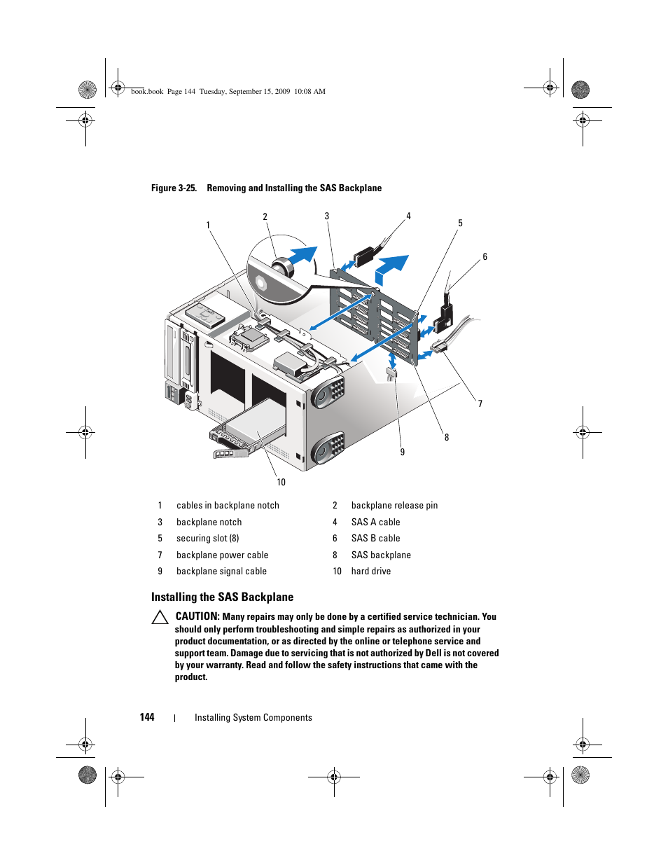 Installing the sas backplane | Dell PowerEdge T610 User Manual | Page 144 / 206