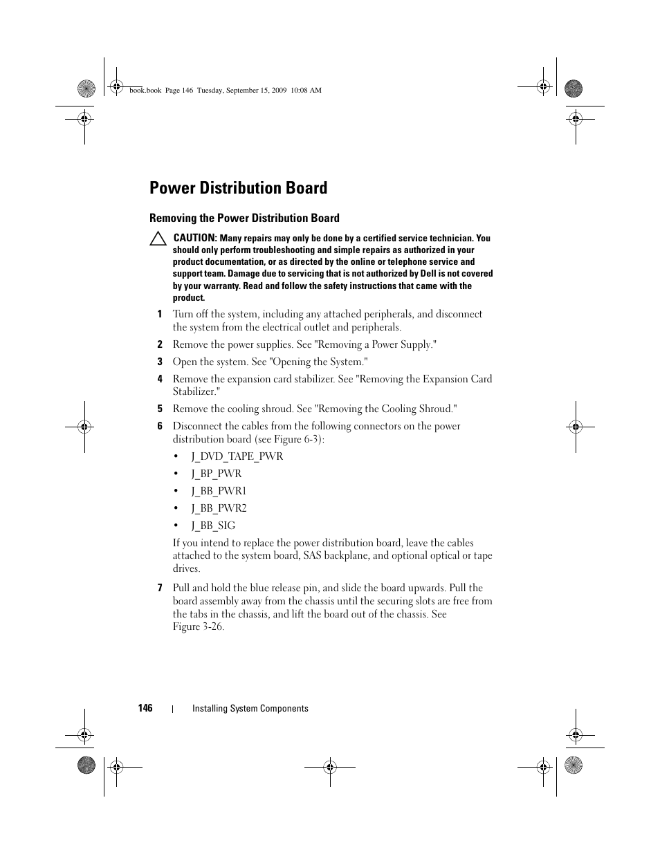 Power distribution board, Removing the power distribution board | Dell PowerEdge T610 User Manual | Page 146 / 206